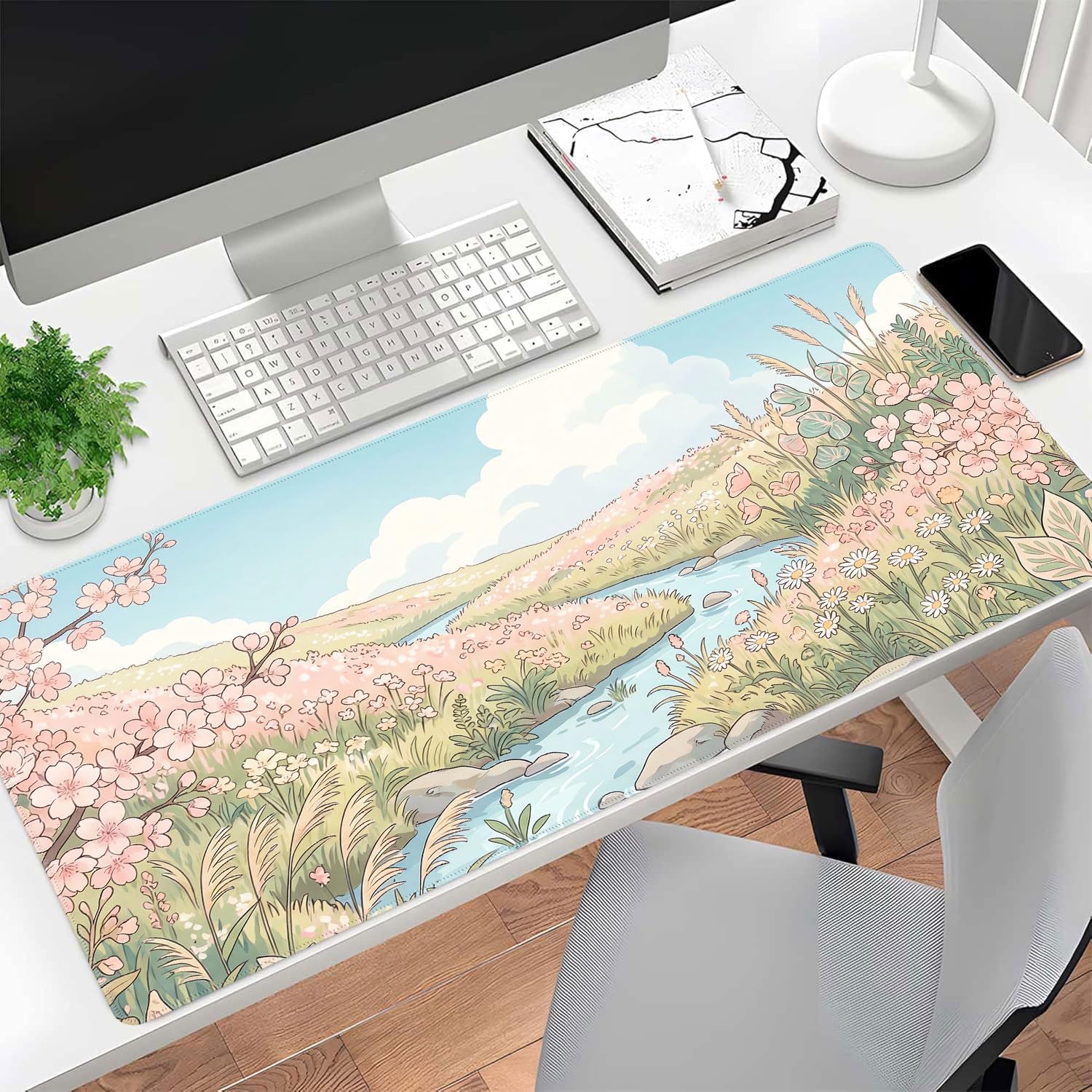 Anime Floral River Desk Mat Gaming Desk Pad Large Mouse Pads, XXL Mouse Mat Laptop Keyboard Pad Desk Matt Computer Protector for Desktop with Non-Slip Base and Stitched Edge 31.5 x 11.7 in