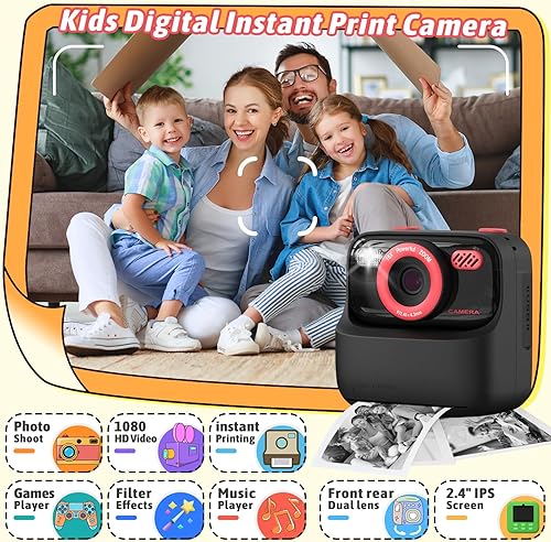 Miniatura 3 de Cámaras digitales instantáneas para niños y niñas, cámara digital selfie HD de doble lente 1080P con papel de impresión y tarjeta de 32G, regalos