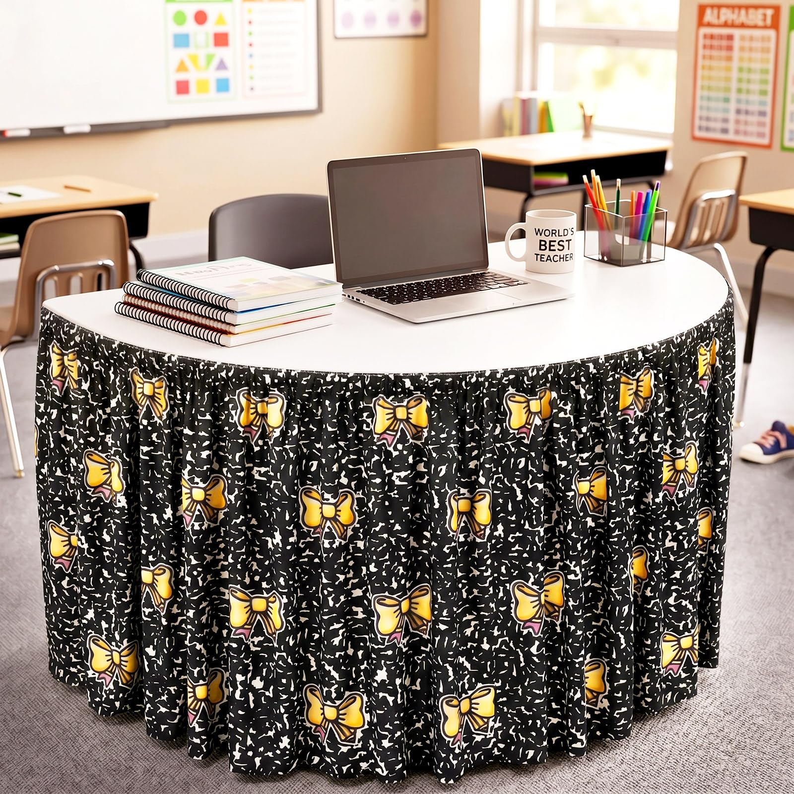 Oudain 9 ft Black and White Composition Book Table Skirt Cloths for Teacher Desk Wrinkle Composition Book Table Cover Skirt for Kindergarten Classroom Kidney Shaped Desk Back to School Supplies