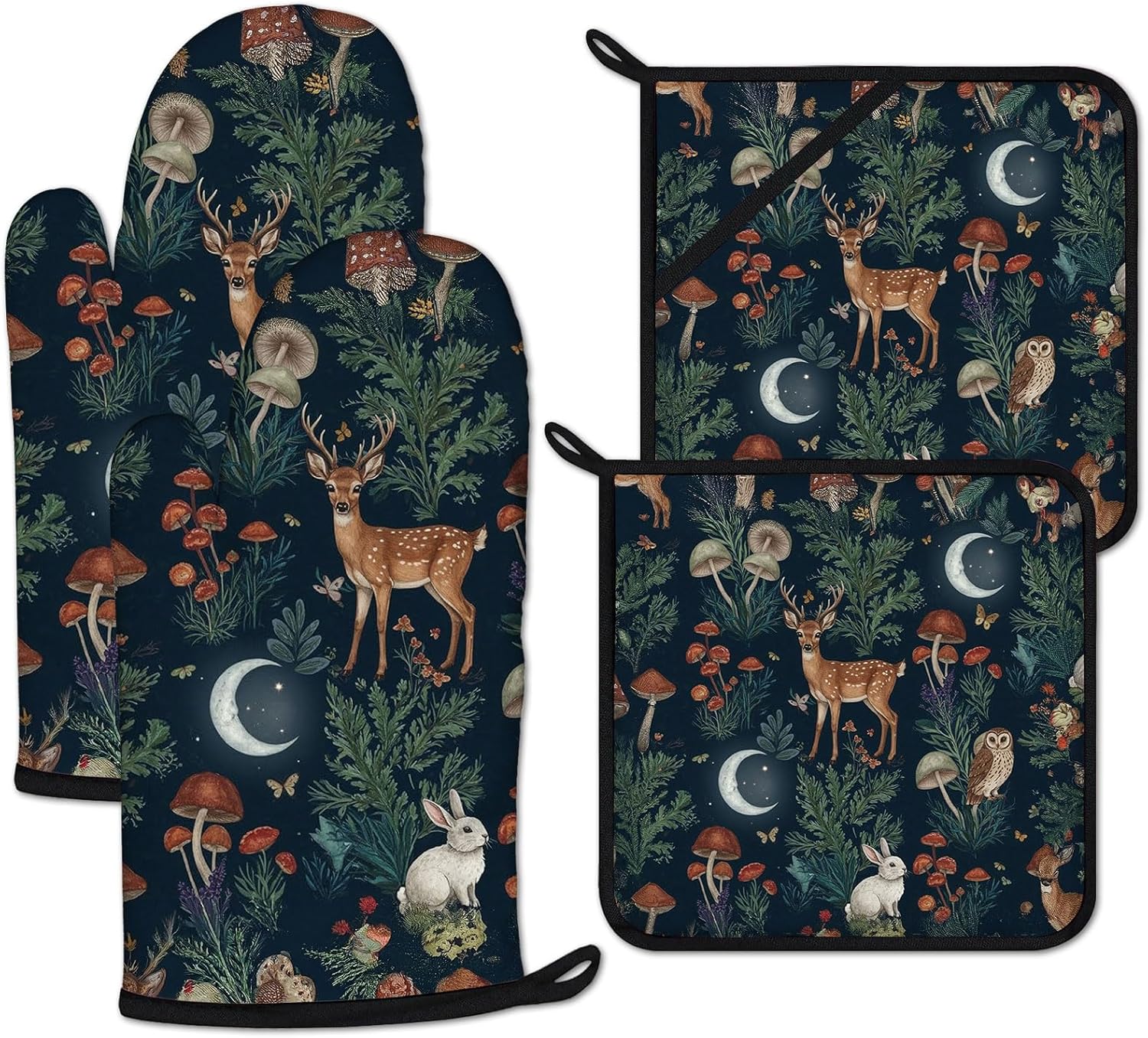 Wild Animal Mushroom Forest Oven Mitts and Pot Holders Set 4 Pcs Extra Long Heat Resistant Gloves Potholder for Baking, BBQ, Grilling