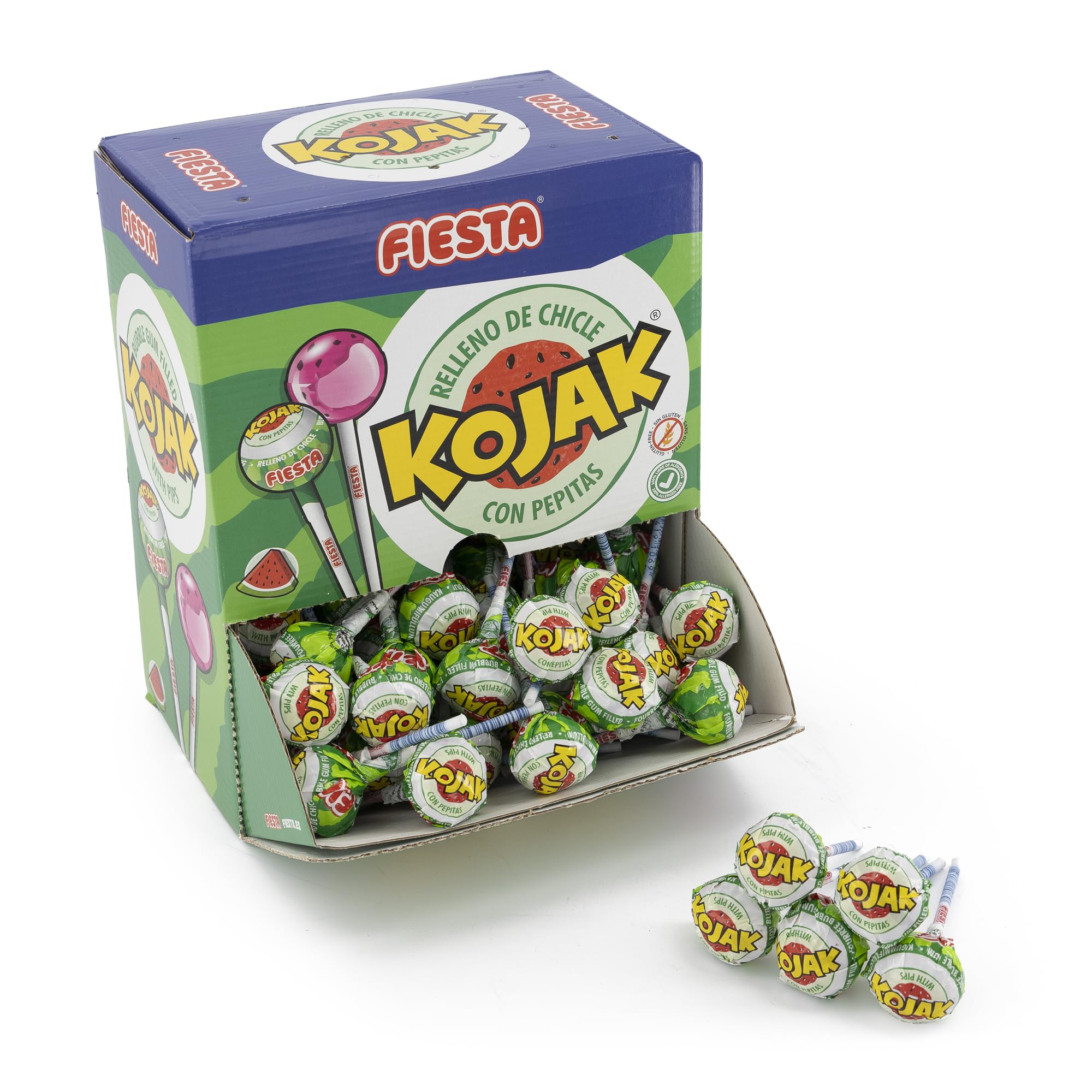 FIESTA Kojak - Sabor Sandía - Con Pepitas de Azúcar - Caramelo con palo relleno de chicle - Caja de 100 unidades