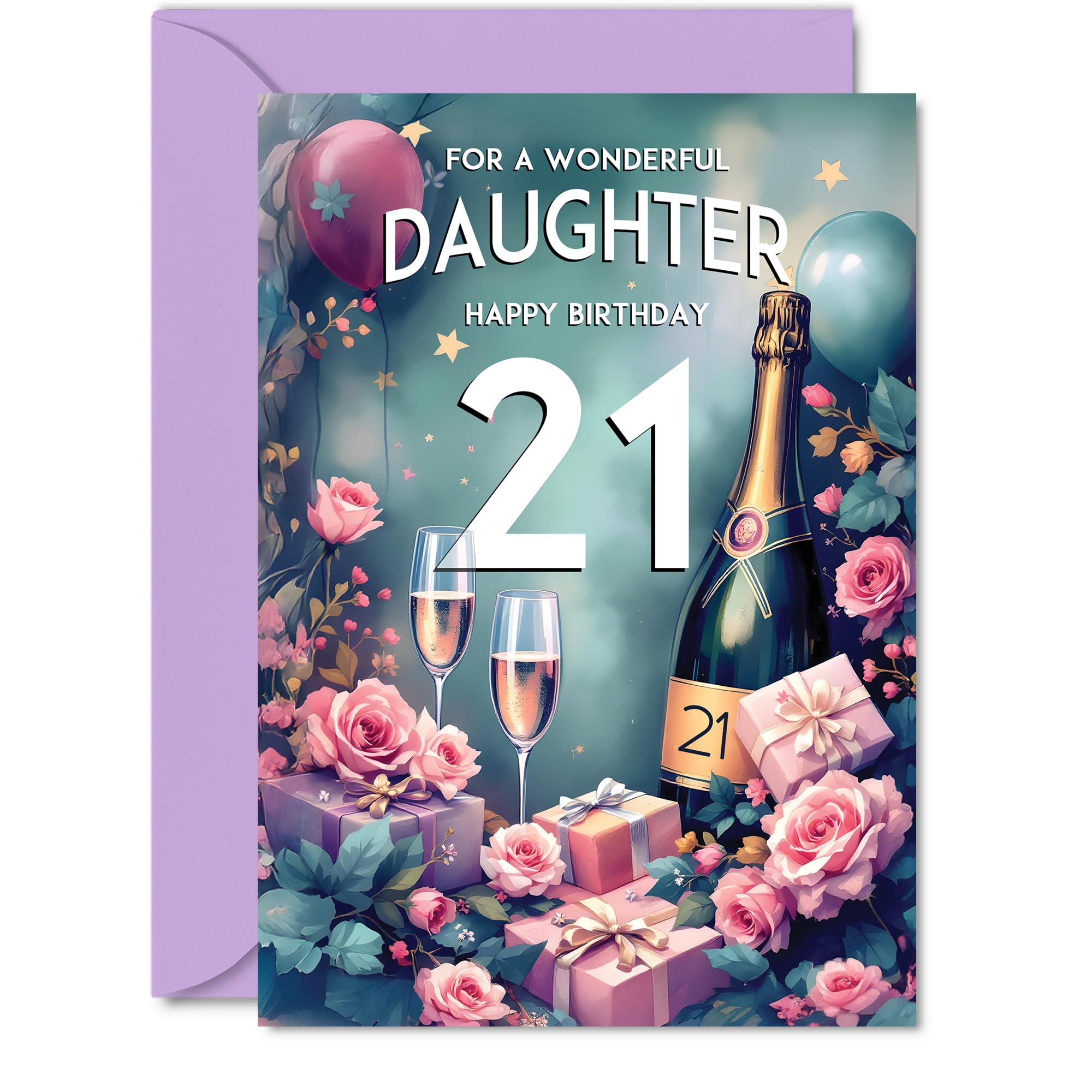 21st Birthday Card Daughter - Pink Presents Champagne Bottle - Gorgeous Pretty Beautiful Birthday Cards for 21 Year Old Woman Women, 5x7 Inch Greeting Cards Gift