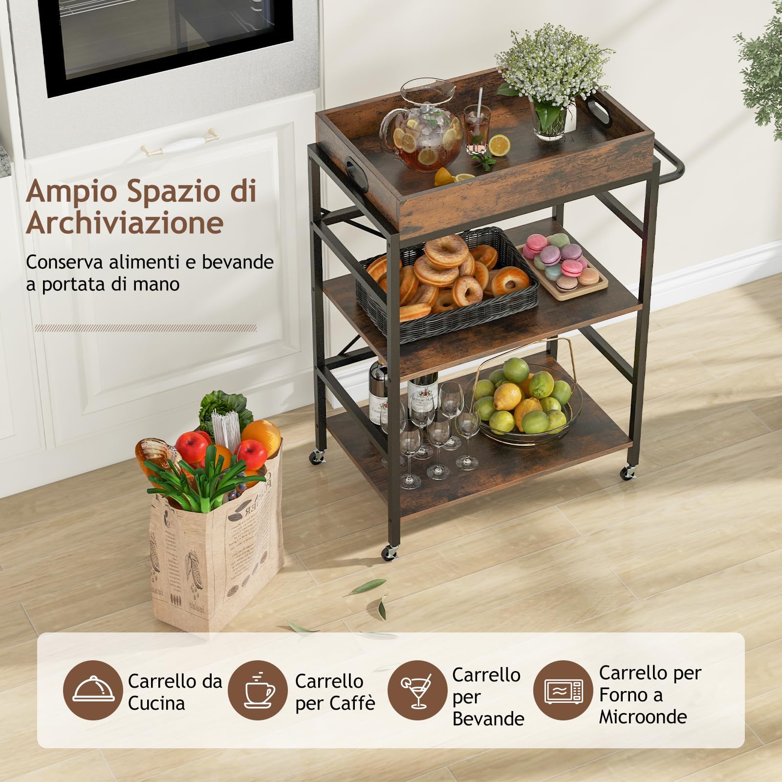 RELAX4LIFE Carrello da Cucina, Carrello da Servizio a 3 Ripiani con Vassoio Rimovibile e Ruote Universali, Carrello Industriale per Cucina, Sala da Pranzo, Soggiorno, Bar, Marrone Rustico e Nero