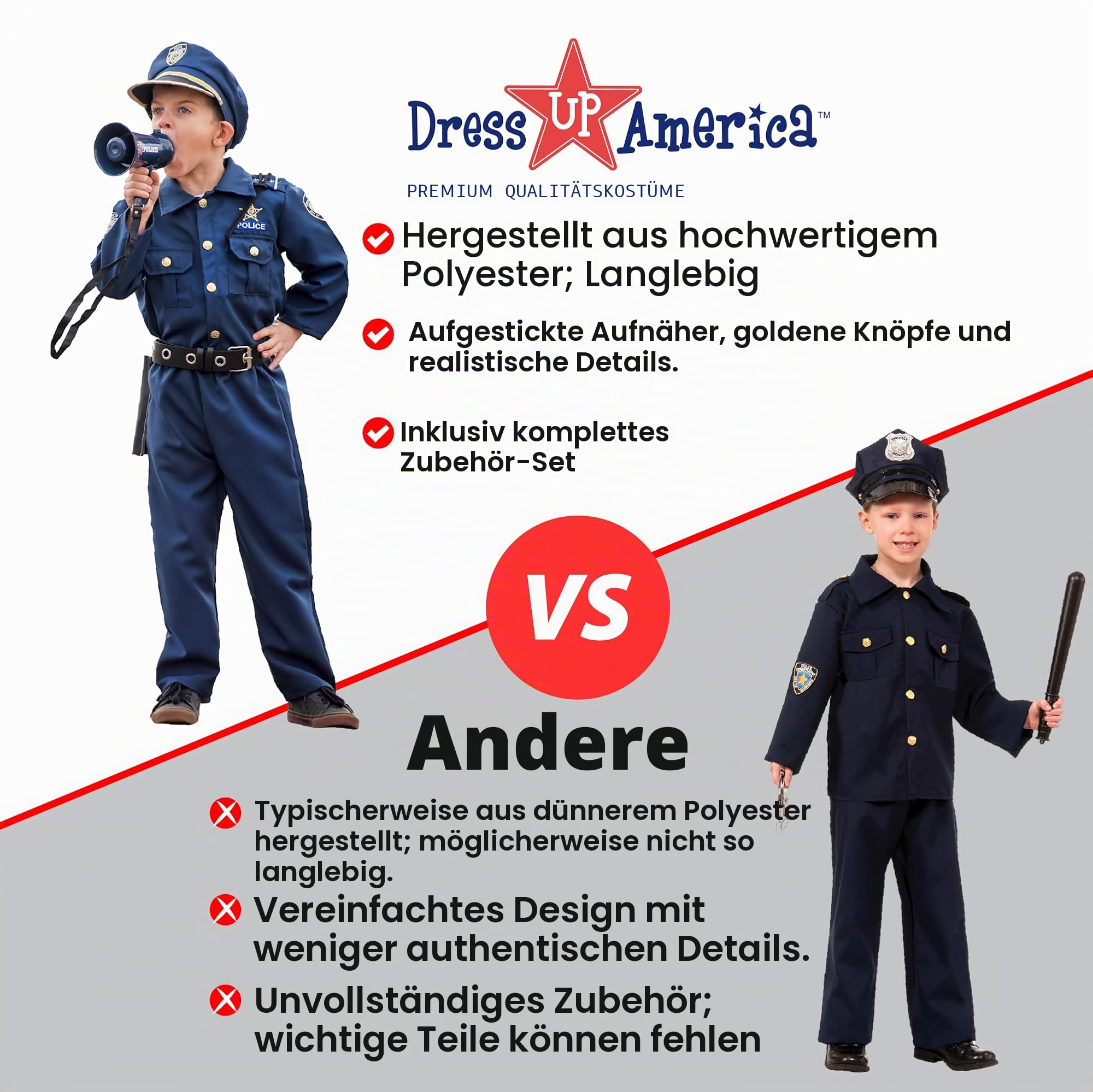 Dress Up America Polizeikostüm für Jungen – Hemd, Hose, Hut, Gürtel, Trillerpfeife, Pistolenhalfter und Walkie-Talkie-Cop-Set, Blau