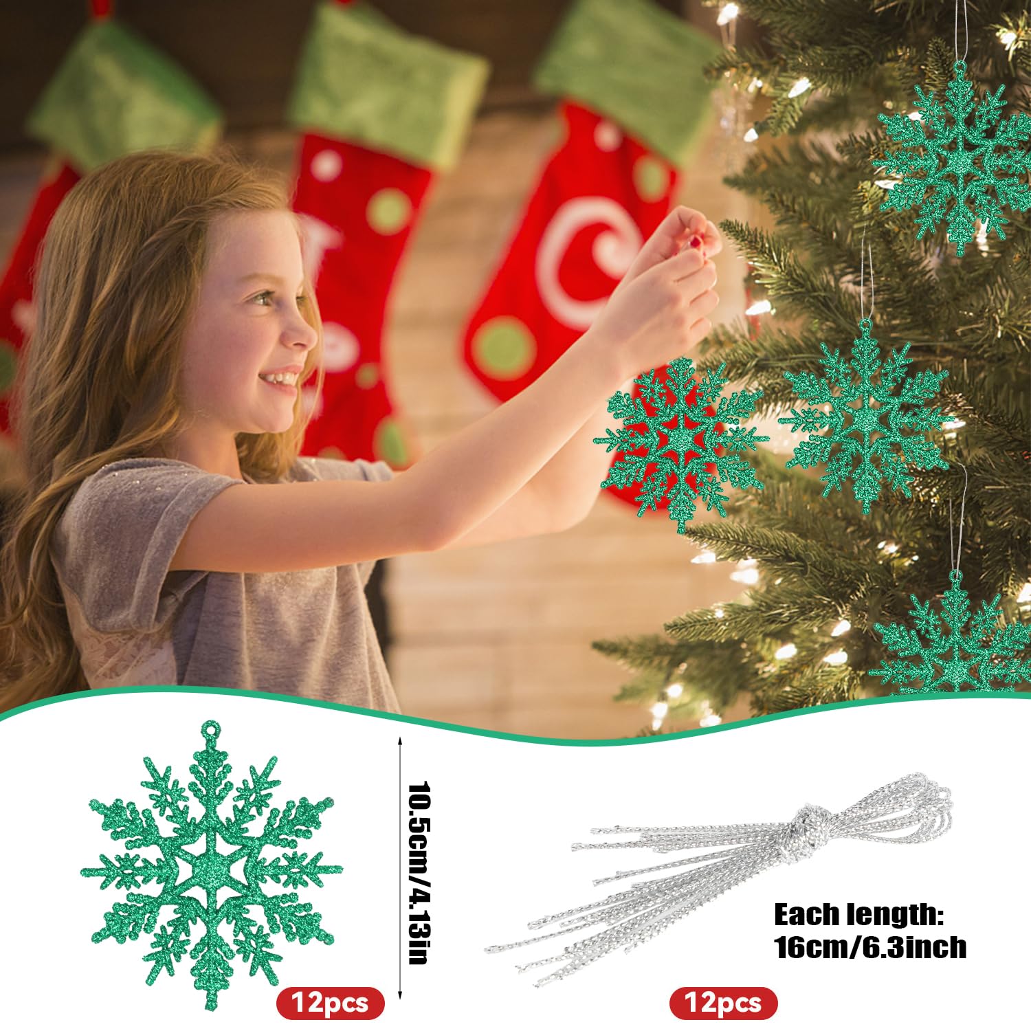VEYLIN Christmas Glitter Snowflake, 12PCS Hanging Decorations (Green) - Image 2