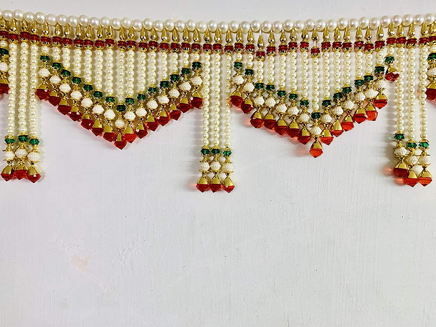 Yuga TRADINGS Traditional Make of India - Haath-Kaam Toran Handmade Red, Green, White Pearl/Crystal Moti Home Decor/Main Door Hanging [ Size - 3 Feet] Bandanwar