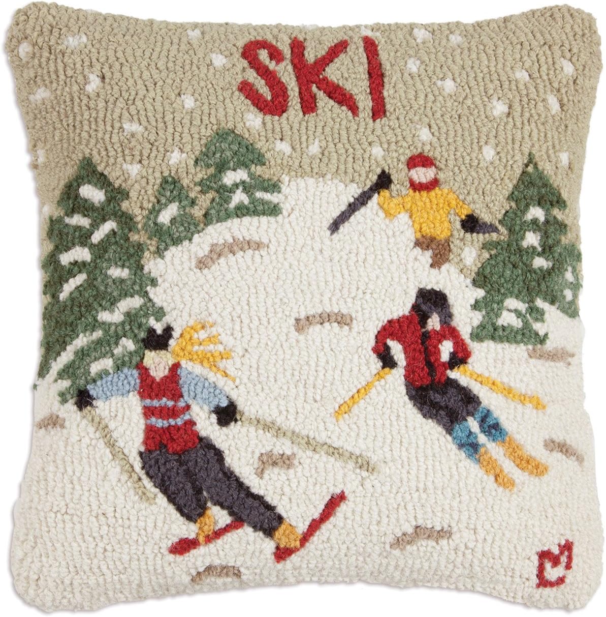 Chandler 4 Corners Artist-Designed Ski Hand-Hooked Wool Decorative Throw Pillow (18 in x 18 in) Ski Pillow for Couches & Beds - Easy Care & Low Maintenance - Square Winter Pillow for Cabins & Lodges
