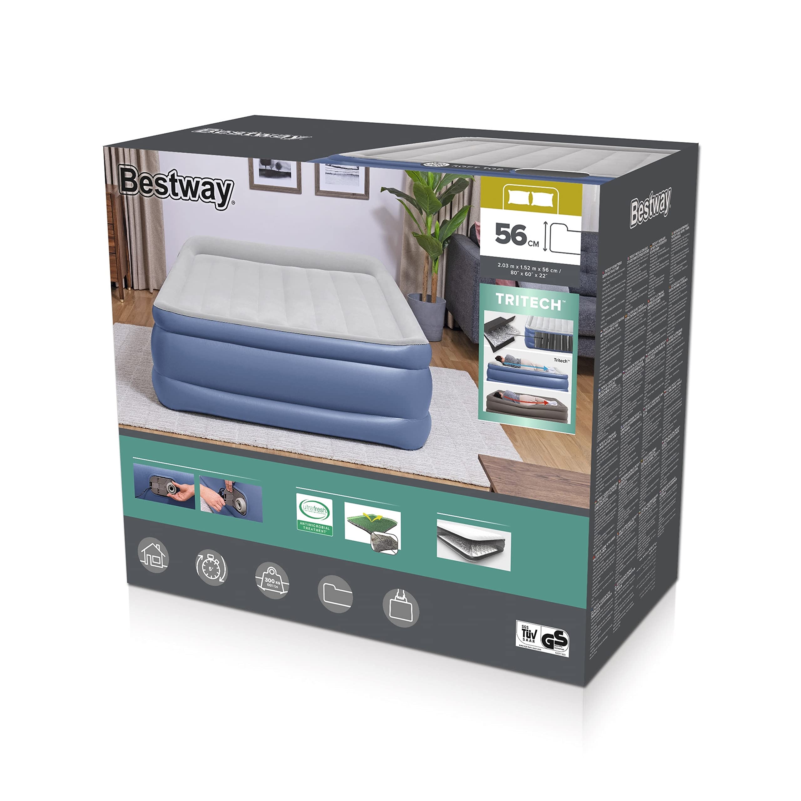 Bestway 80" x 60" x 22"/2.03m x 1.52m x 56 cm Tritech Air Mattress Queen Built-in AC Pump