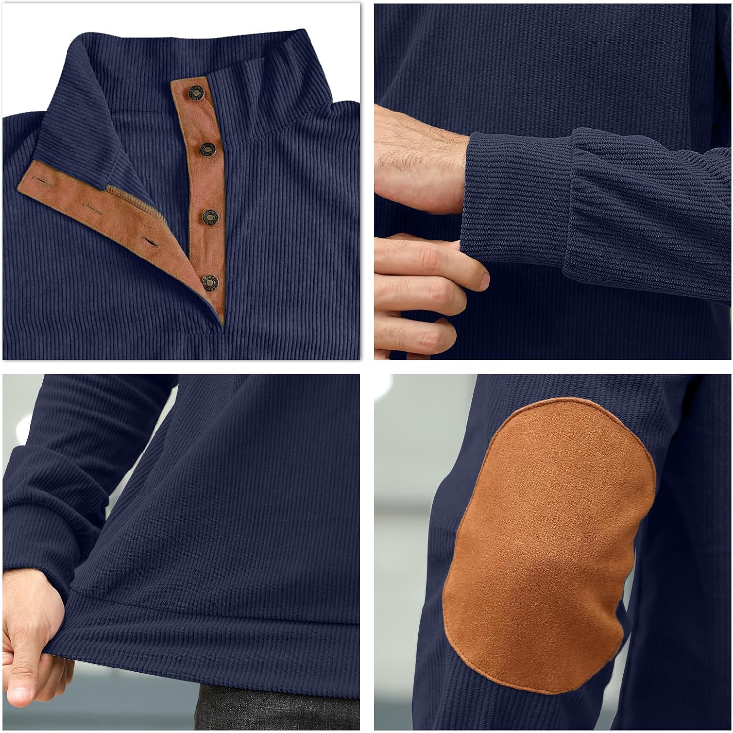 UNQPJUS Men's Fashion Corduroy Sweatshirt Long Sleeve Button-Down Shirt Stand Collar Pullover Sweater - Image 6