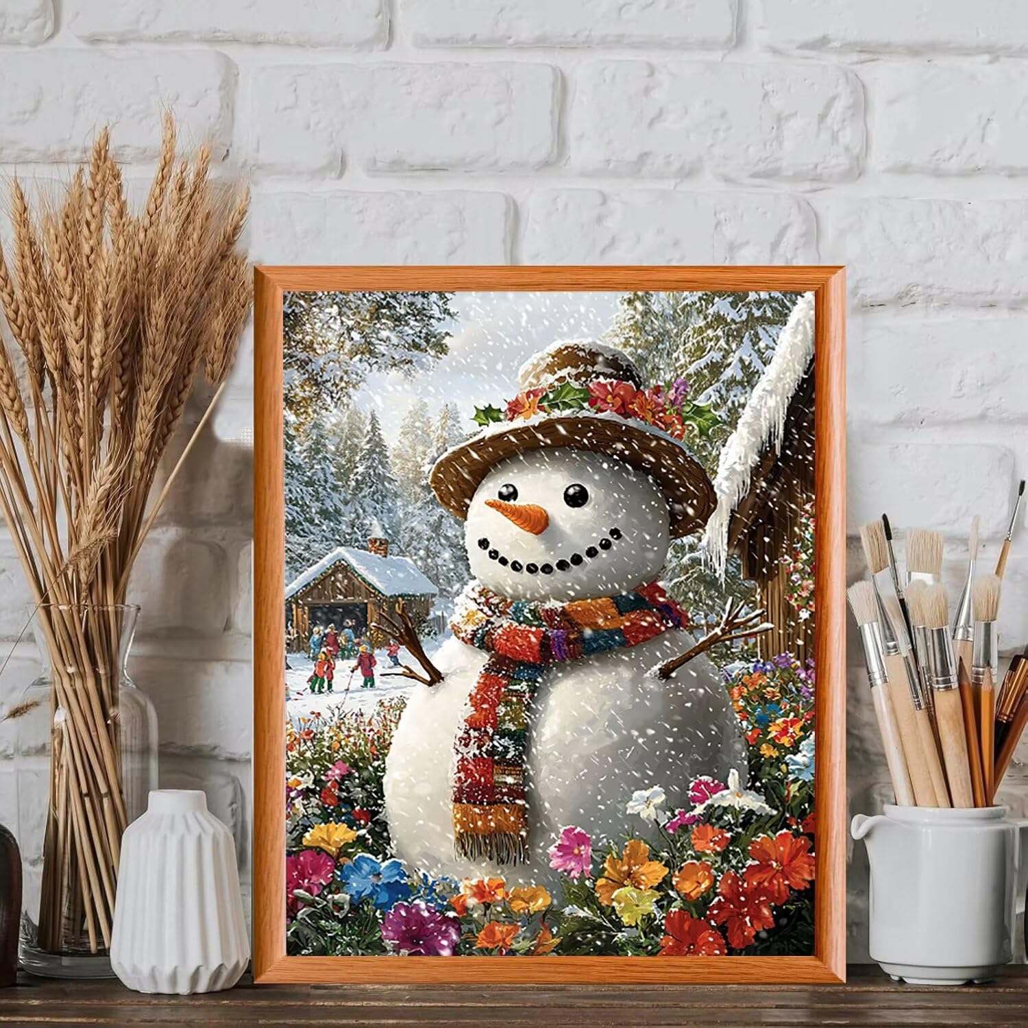 Muñeco de nieve en invierno Pintar por Numeros Adultos, 80x100cm w-1036