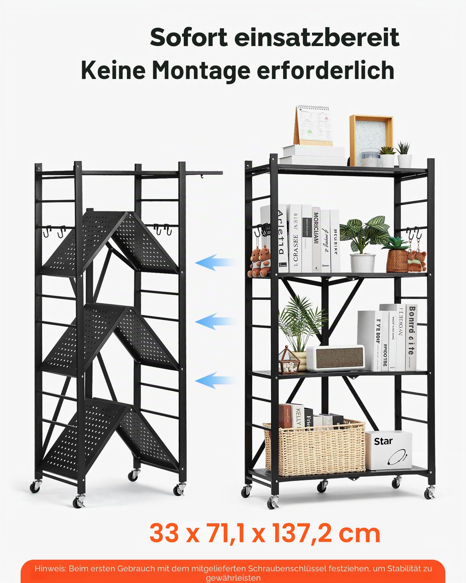 VEVOR 4 Etagen, Klappbare Regale mit Rädern, 33x71x137 cm, Faltbares Schwerlastregal, montagefreies Standregal, Haushaltsregal, Küchenregal, Metallregal für Garage, Küche, Keller, schwarz