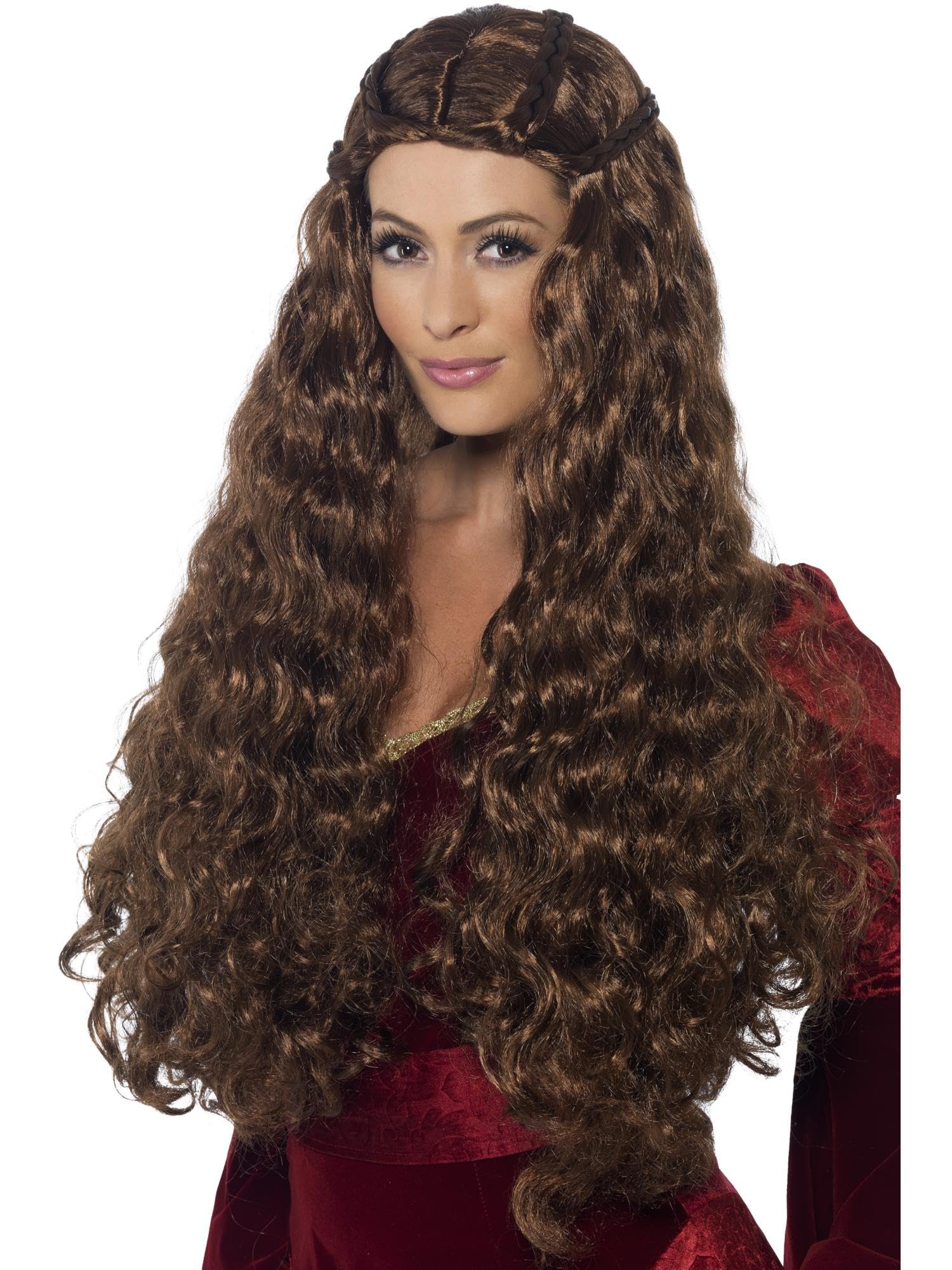 Smiffys Medieval Princess Wig, Brown Extra Long, with Plaits, Historical Fancy Dress, Medieval Dress Up Wigs Halloween