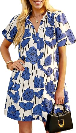 Womens Summer Button Down Shirt Dress Puff Short Sleeve Causal Sundresses Floral Vacation Mini Dresses with Pockets Blue L