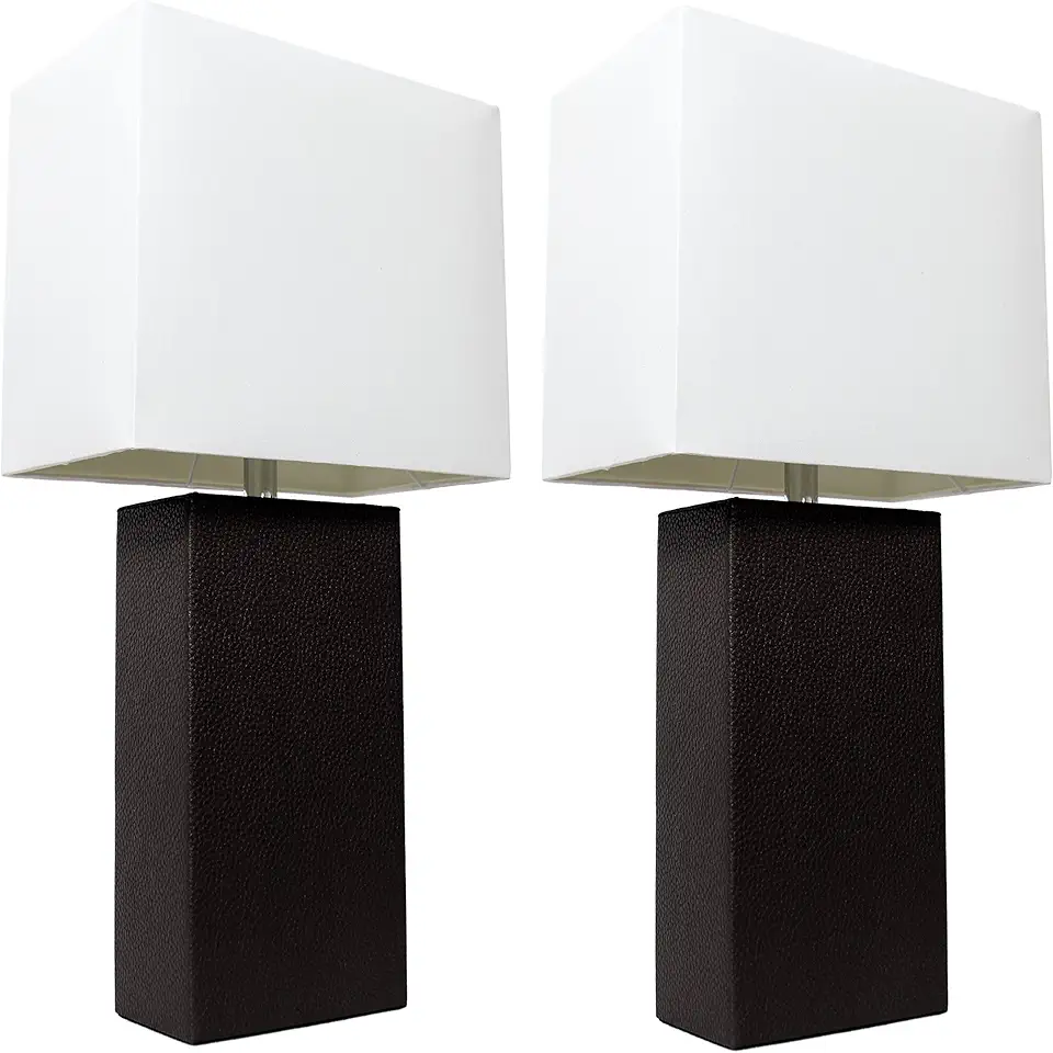 Elegant Designs LC2000-BLK-2PK 2 Pack Modern Leather Table Lamps with White Fabric Shades, Black