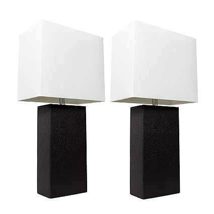 Elegant Designs LC2000-BLK-2PK 2 Pack Leather Lamps 2 Pack Modern Leather Table Lamps with White Fabric Shades, Black
