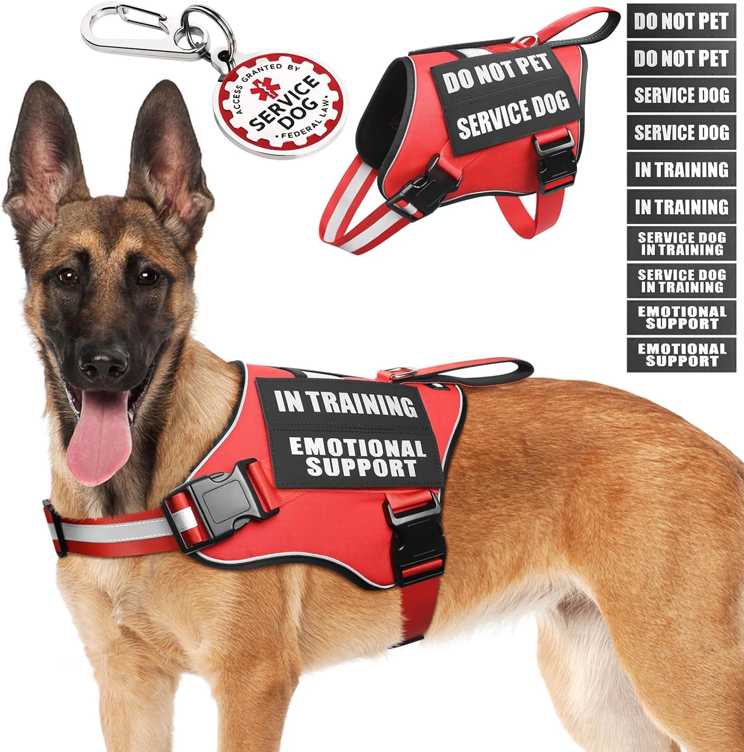 Service Dog Vest Harness+ID Tag+10 Patches,Metal Serivce Dog Tag&Reflective Emotional Support Dog Vest with Handle for Large Dogs,Easy Put On/Off for Training/Walking/Everyday Red L Service Dog Vest Harness+ID Tag+10 Patches,Metal Serivce Dog Tag&Reflective Emotional Support Dog Vest with Handle for Large Dogs,Easy Put On/Off for Training/Walking/Everyday Red L