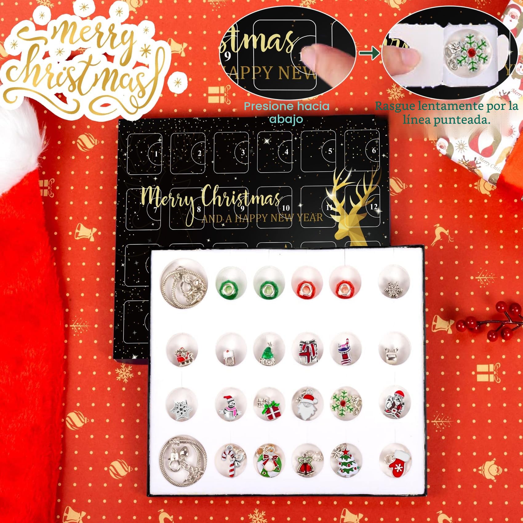 Adwenskalenda 2025 - Calendario de Navidad para niños, joyas para niñas, con 24 manualidades, pulsera, kit de Navidad, calendario de cuenta regresiva para adolescentes, niñas, 6, 7