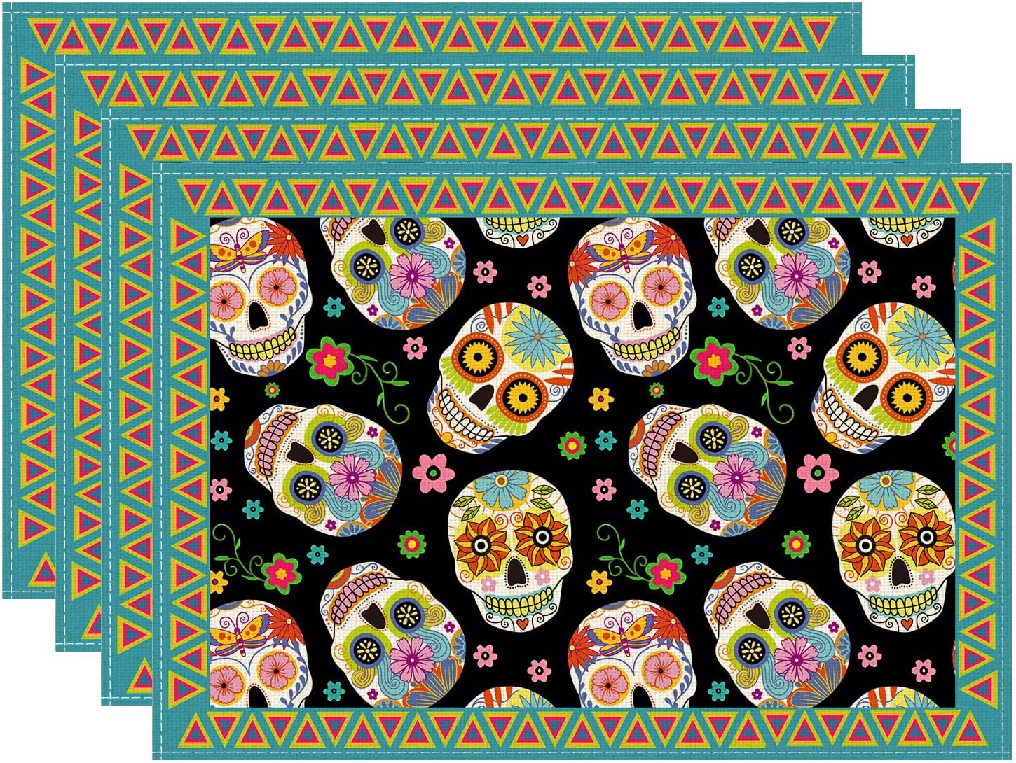 XCHI Sugar Skull Flowers Dia De Los Muertos Day of The Dead Mexican Placemats Set of 4 Table Mats for Party Home Kitchen Dining Table Decorations 12x18 Inch Placemats Set of 4 ?12x18 Inch?
