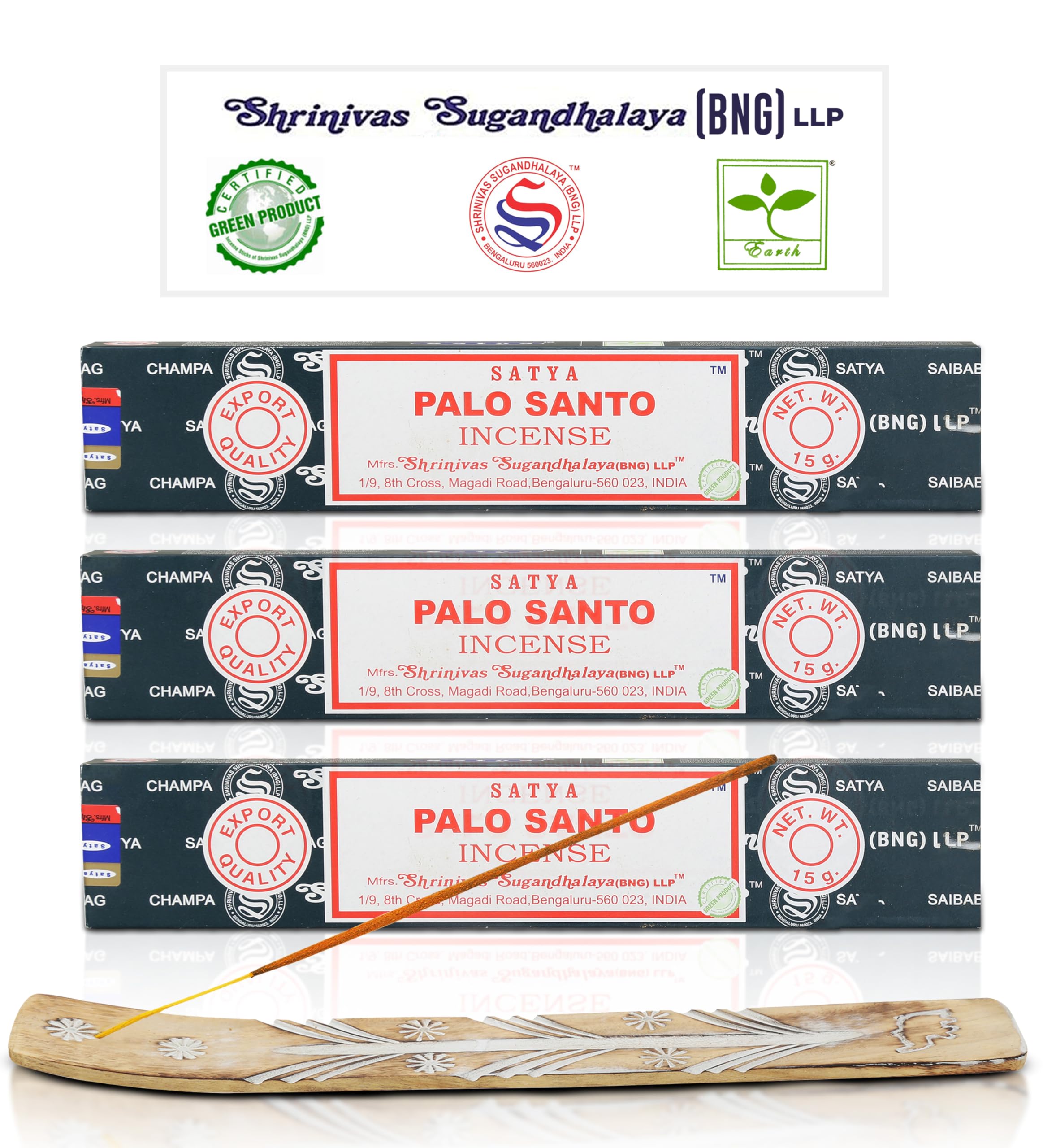 Satya Nagchampa Palo Santo Incense Sticks, Satya Bng (Bangalore) Insenses 15gmx3 Pack (45 GMS) with Raajsee Incense Holder Bundle, Satya Nagchampa Natural Incense
