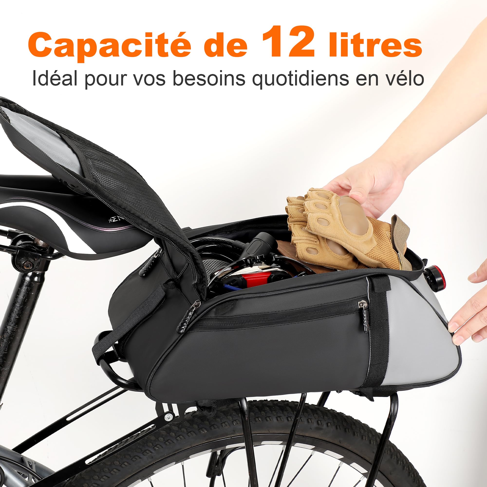 Wildken Sacoche Velo Porte Bagage Arriere, 12 L Noir Sacoche Porte Bagage Velo Étanche Réfléchissante avec Poignées et Bandoulières, Sac Porte Bagage Vélo Adapté VTT, Vélo de Route, Gravel, E Bike