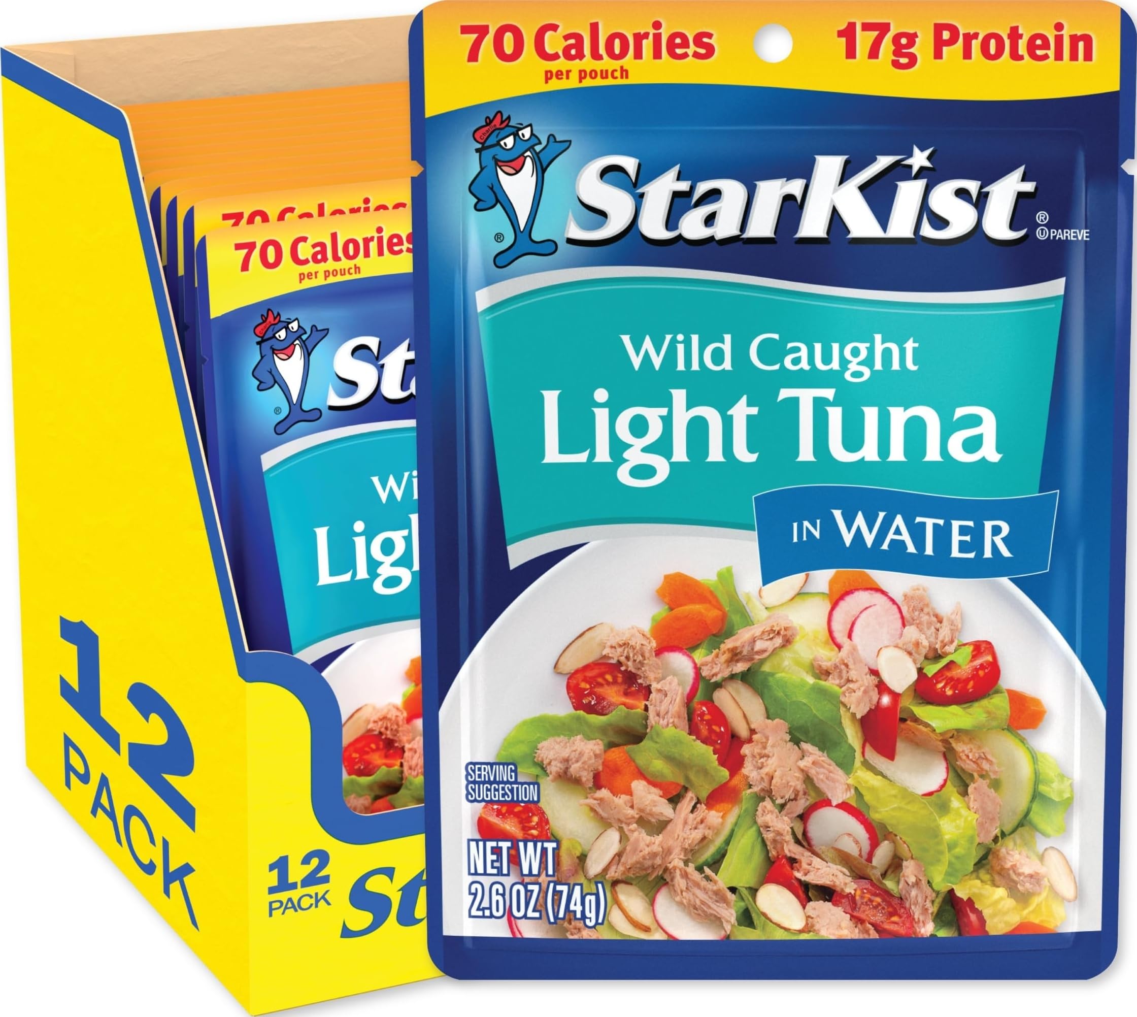 StarKist Wild Caught Light Tuna in Water, 2.6oz Pouch, 12-Pack | 17g Protein Per Serving, Ready to Eat, Shelf Stable Seafood, Gluten Free, Soy Free, No Draining for Salads and Sandwiches