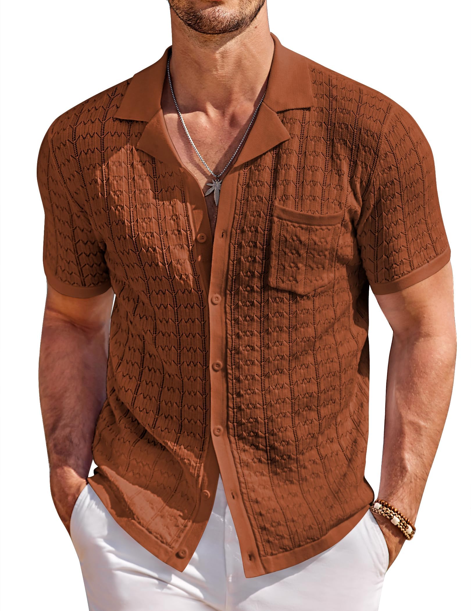 COOFANDY Men's Knit Button Down Shirt Short Sleeve Vintage Polo Shirts Summer Casual Beach Tops