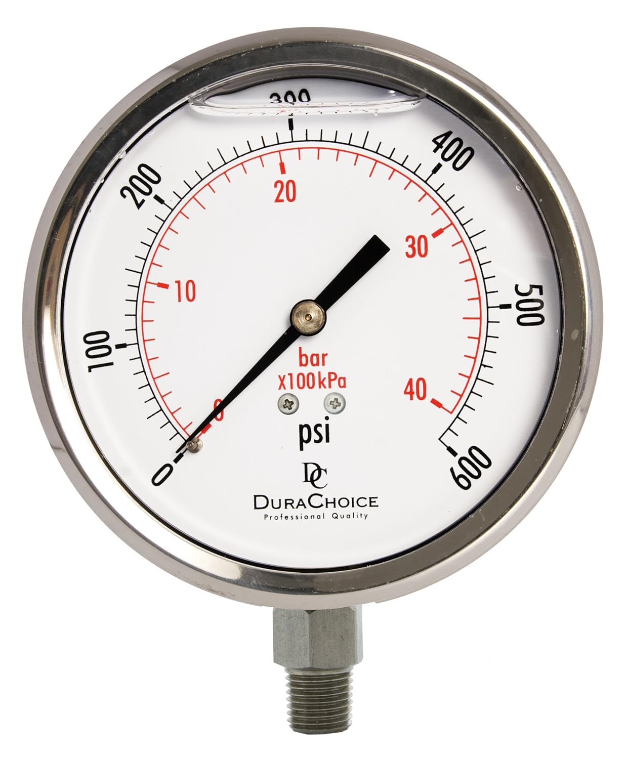 4" All Stainless Steel Oil Filled Pressure Gauge - 1/4" NPT Lower Mount 600PSI