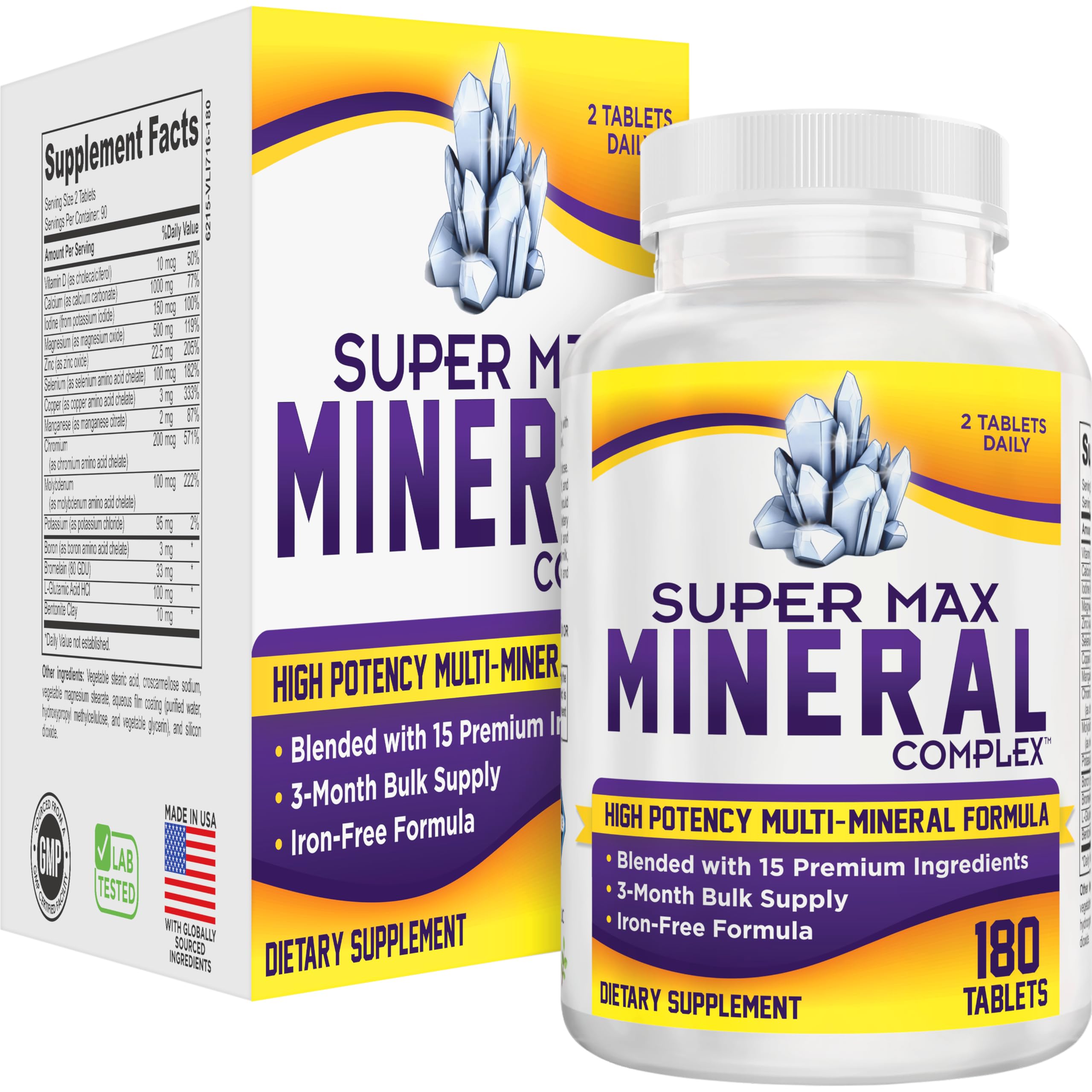 3-Month Multimineral Supplement Iron Free | Nutritional Health Support Multiminerals for Men & Women | 15-in-1 Formula | Multi-Mineral Supplements | Minerals Complex | 90-Day Bulk Supply | 180 Tablets