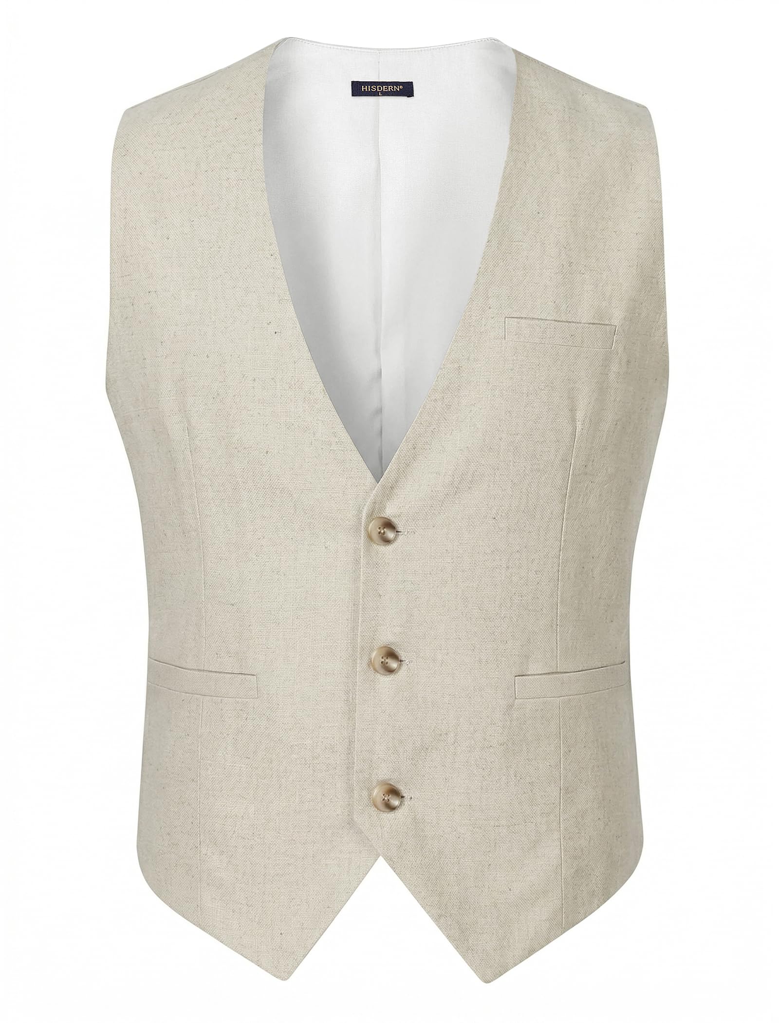 HISDERN Chaleco de hombre de verano de algodón y lino para traje ideal para bodas fiestas y negocios con bolsillos
