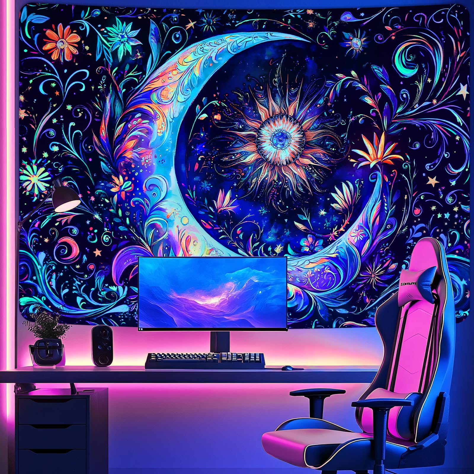 Invoibler Schwarzlicht-Wandteppich, UV-reaktiv, Mandala, Mond, Sonne, Wandkunst, Bohemian-Stil, ästhetischer Boho-Wandbehang für Schlafzimmer (180 x 235 cm)