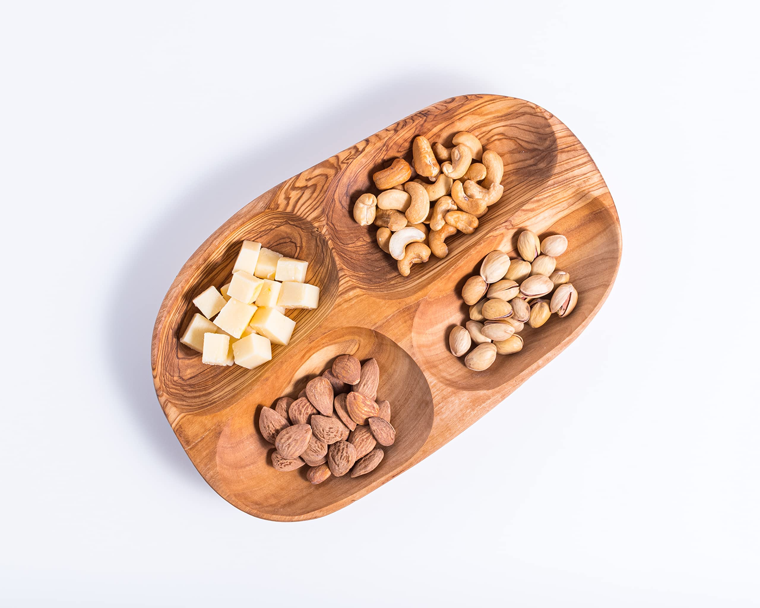 Plato de Aperitivo de Madera de Olivo, Oval 26x16 cm, Cuenco de Tapas Hecho a Mano, Bandejas de Aperitivos de 4 compartimentos, Platos para Fiesta, Platos para Servir Tapas, Vajilla Decorativa