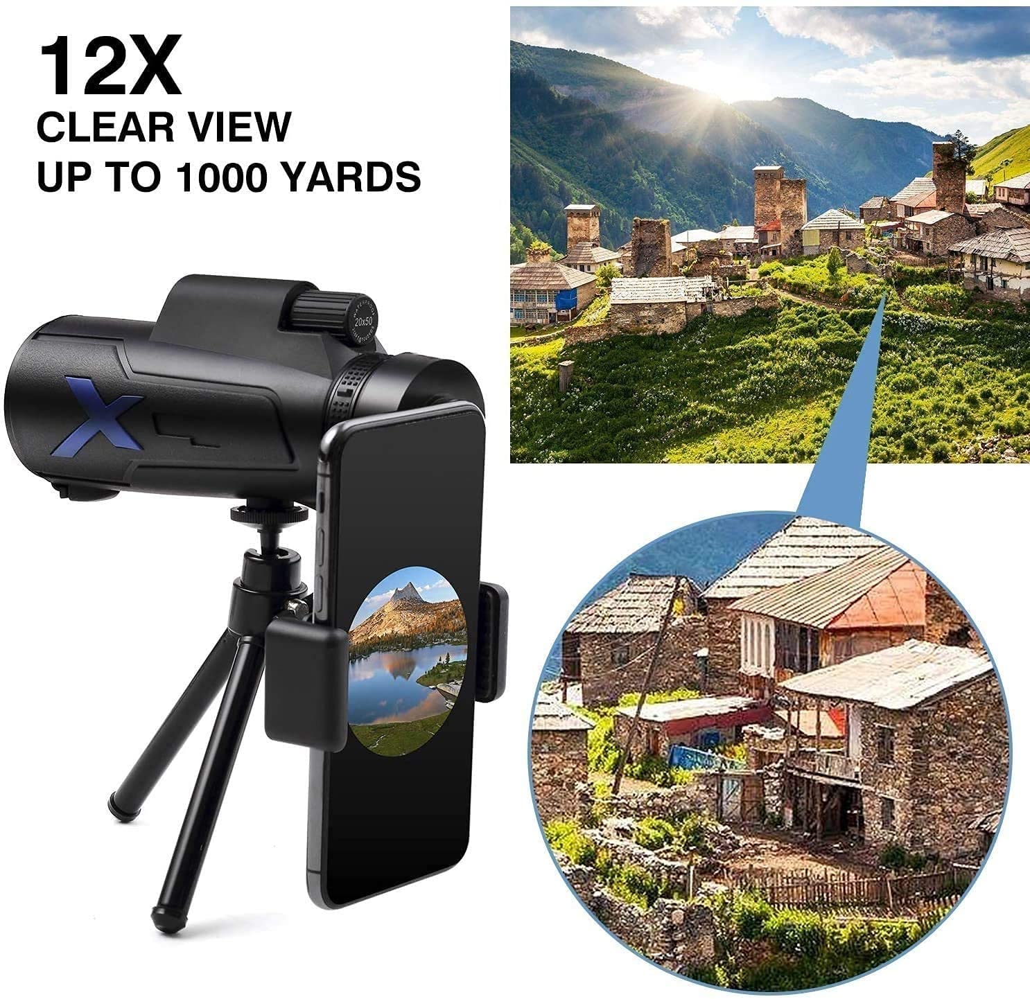 Jumelles monoculaires étanches Haute définition 12x50 - Prisme BAK4 pour l'observation des Oiseaux, la Chasse, Le Camping et Les Voyages, Noir