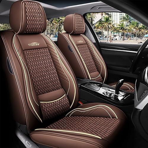 FREESOO Car Seat Covers Front 2pcs, Leather Seat Cover Breathable Summer Driver Protector Airbag Compatible Universal Fit Sedan SUV Pick-up Truck Van (Coffee 9-2PCS)