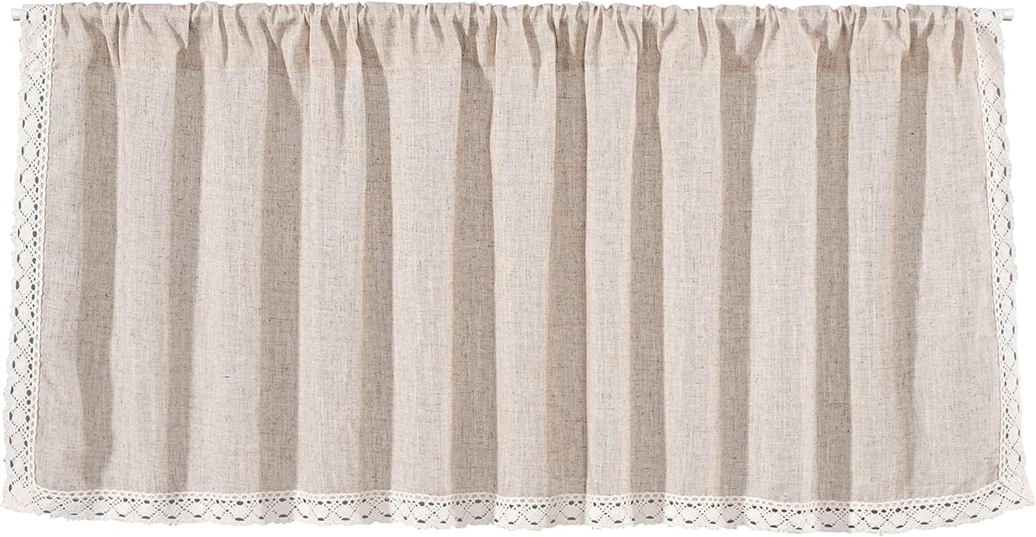 ABREEZE Beige Lace Kitchen Valances for Windows,Cotton Linen Farmhouse Curtains 1 Panel Modern Valance Window Treatments for Living Room Pocket Drape 59 Inch Wide by 24 Inch Long