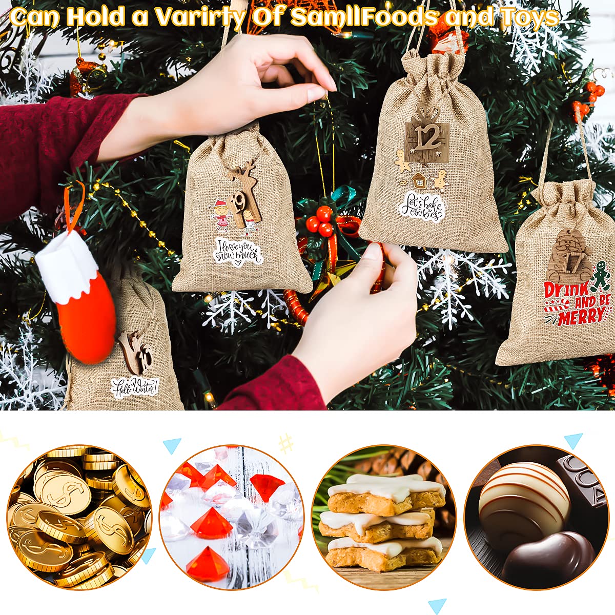 Calendrier De L'Avent DIY 24 Sacs En Toile - 16x14 Cm - Avec Corde Et Pinces - Pour Noël Ou Cadeaux
