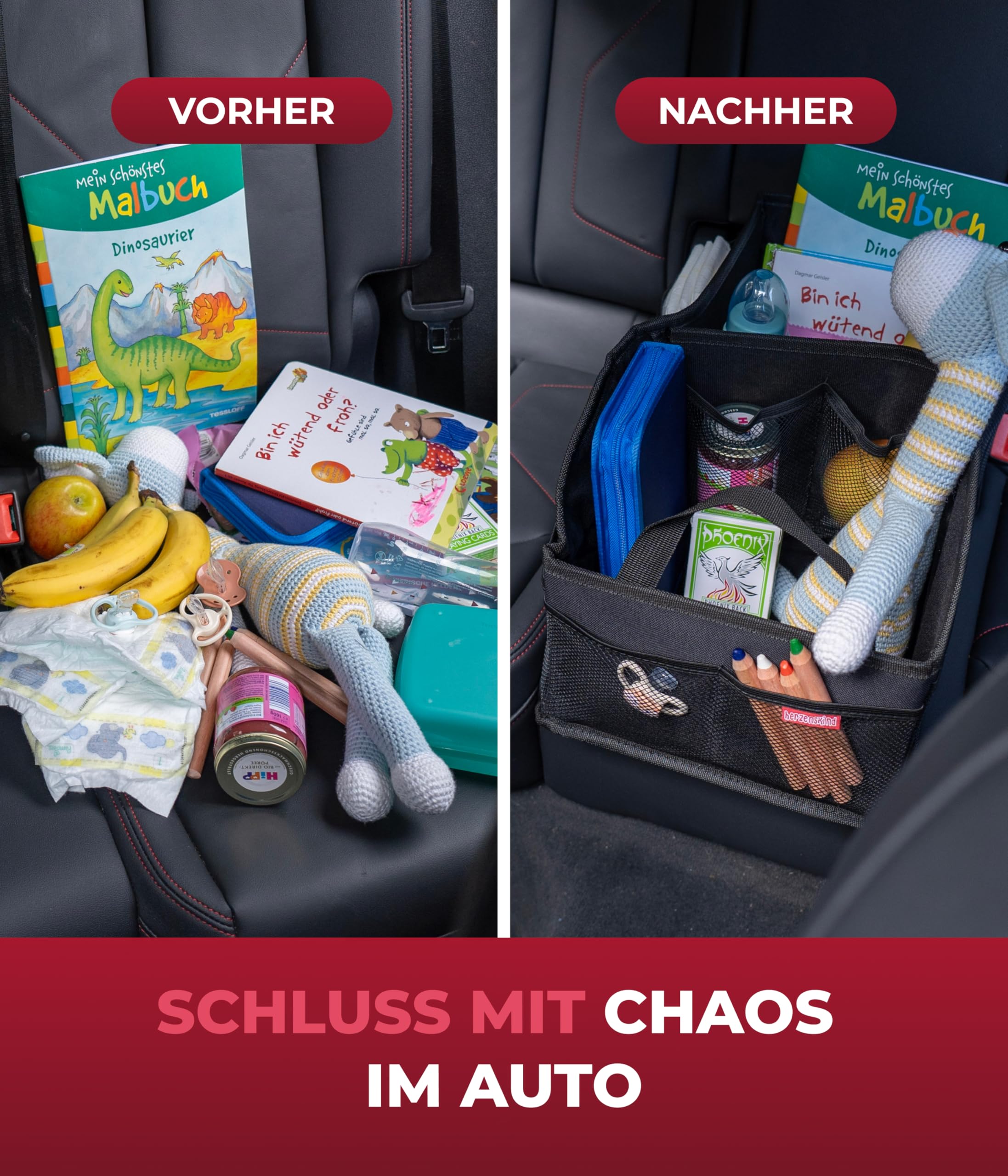 HerzensKind Auto Organizer Rücksitz – Faltbarer Rücksitz Organizer Kinder | Autositz Organizer mit Netz & Hauptfach | Kinder Auto Organizer für Spielzeug, Windeln & Snacks