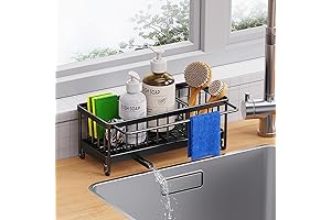 Kitchen Sink Organizer Caddy with Auto Draining Tray and Dish Cloth Hanger
