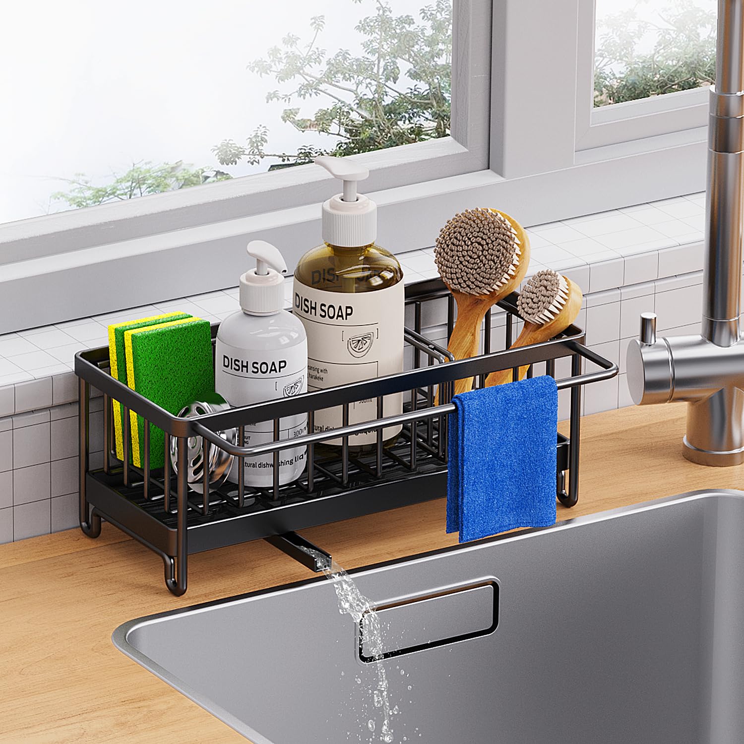 Kitchen Sink Caddy Organizer Sponge Holder for Kitchen Sink with Auto Draining Tray Dish Cloth Hanger Rustproof 304