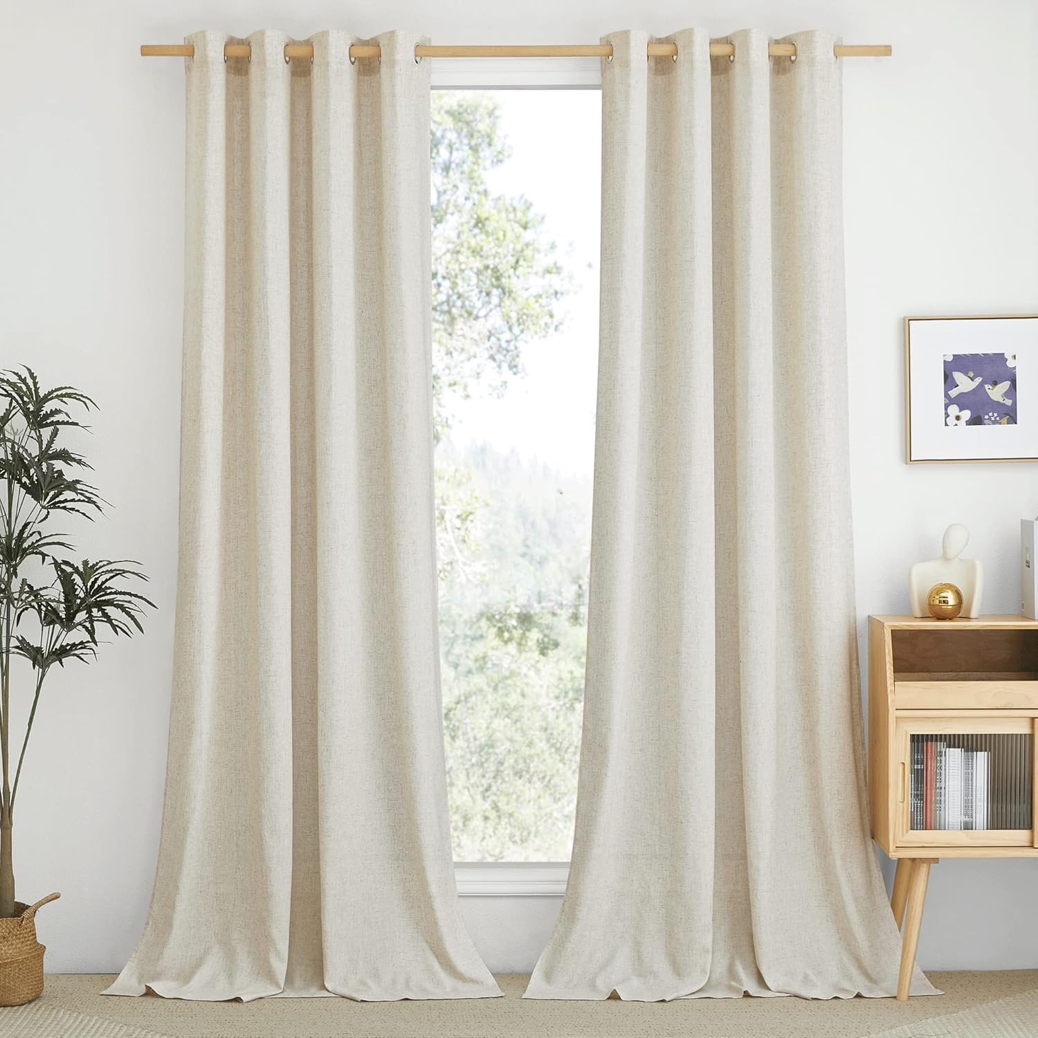 NICETOWN Natural Flax Linen Bedroom Curtains 90 inches Long, Grommet Semi Sheer Vertical Drapes Privacy Added with Light Filtering for Living Room/Home Office, W55 x L90, 2 Pieces Natural 55"W x 90"L (Pack of 2)
