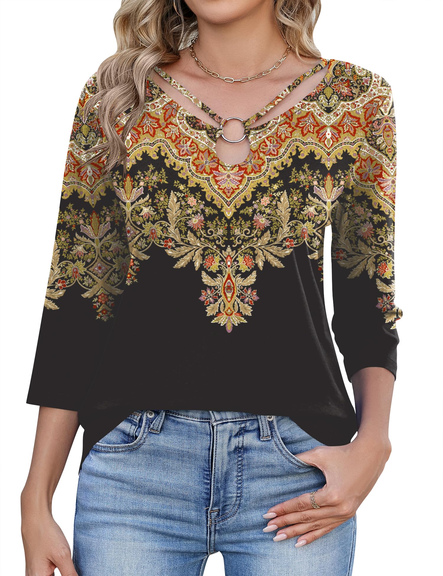 Rapbin Bluse Damen 3/4 Arm Oberteil Ring-Lochausschnitt Elegant Tunika | Schlüsselloch‑Ausschnitt mit Ring Damen Tops Casual Loose Fit Outfits