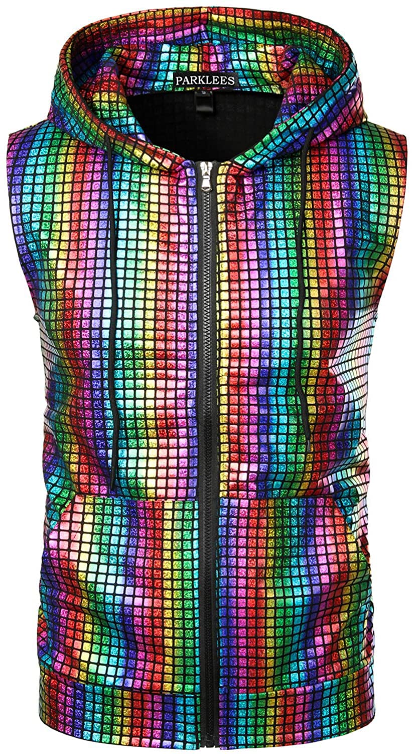 PARKLEES Camiseta de manga corta con capucha y bolsillo canguro para hombre, diseño hipster con lentejuelas metálicas
