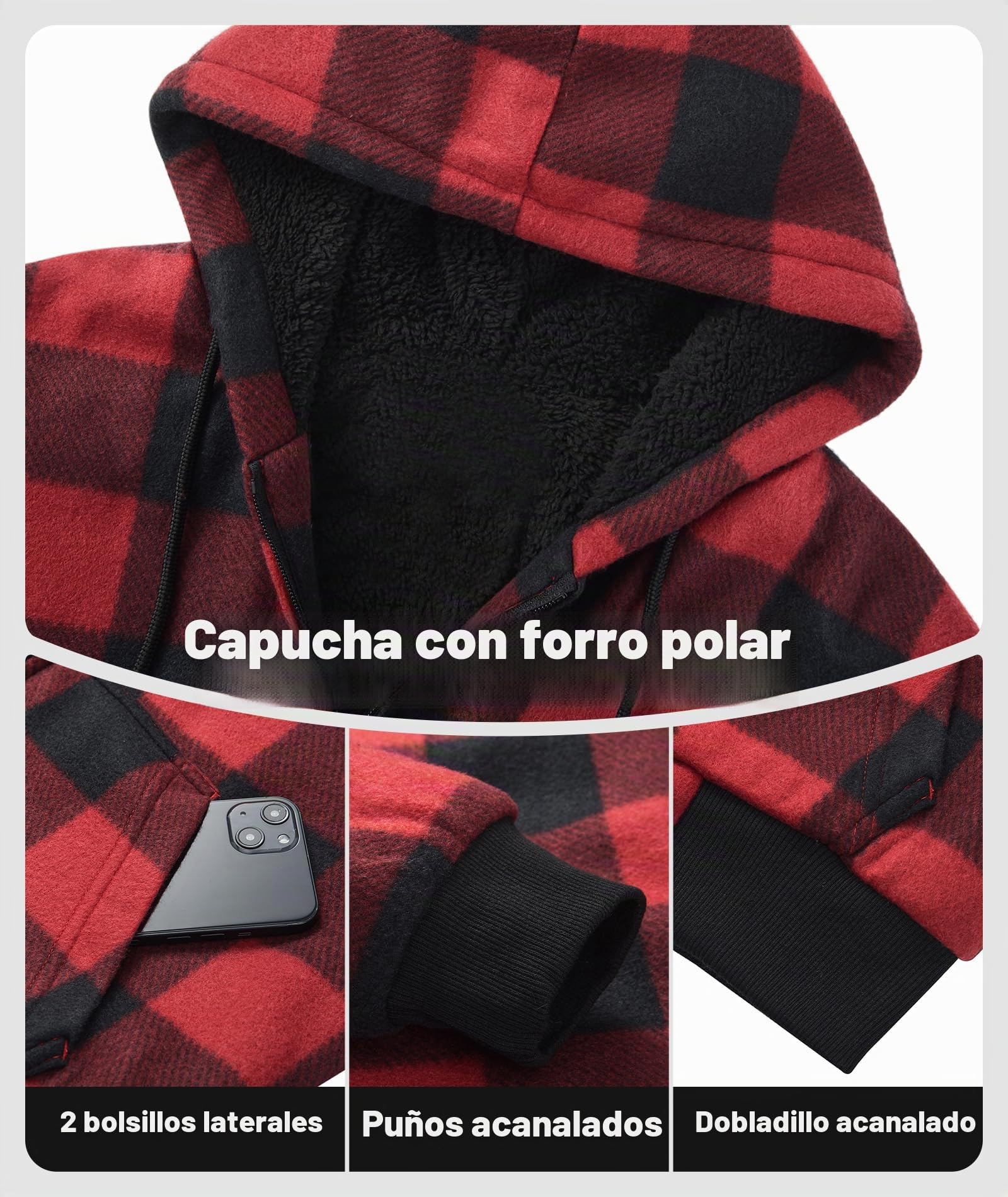 geeksport Sudadera Cuadros Hombre con Capucha Franela de Invierno Cálido Sudaderas Hombres Cremallera Forro Polar Hoodie