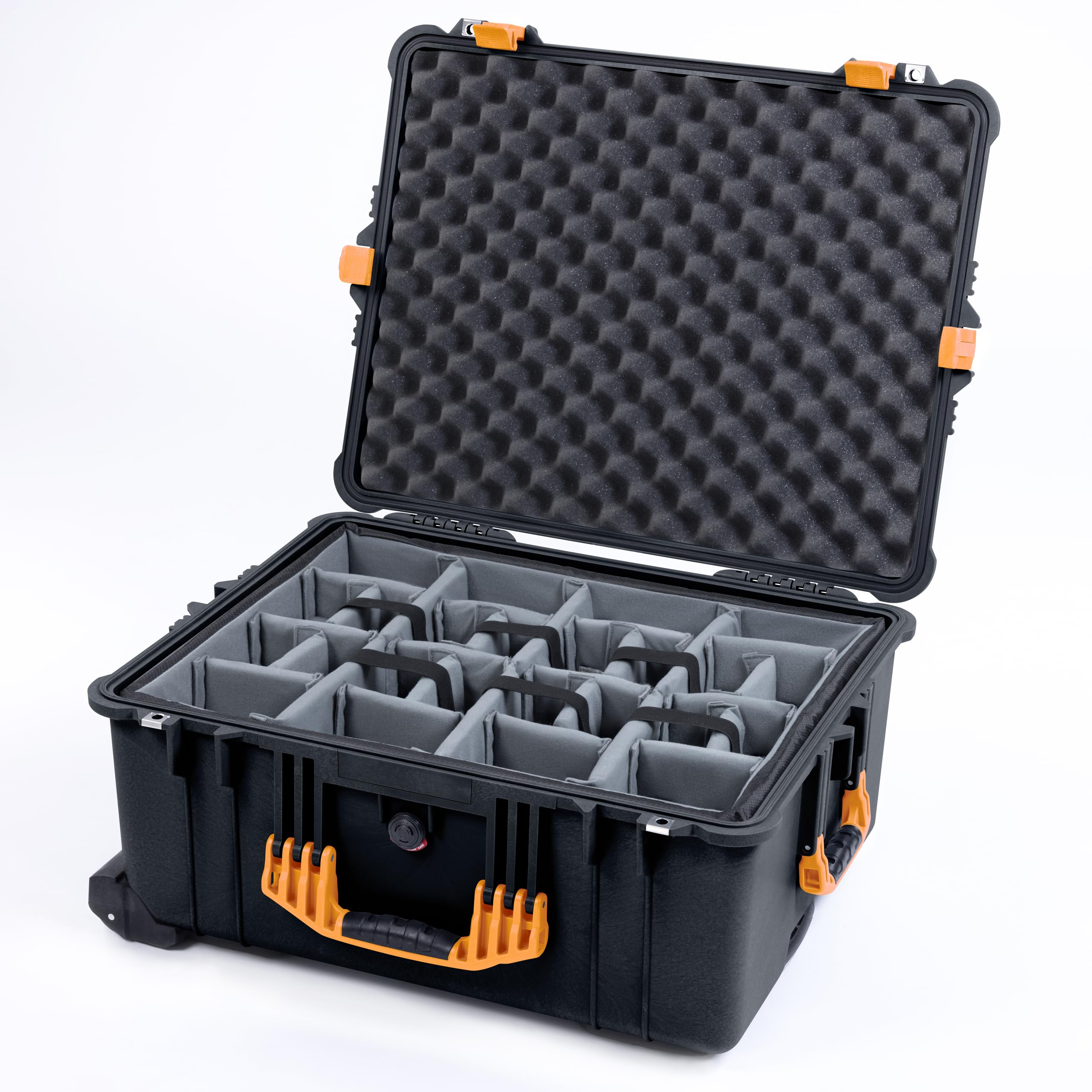 Pelican 1610 Case by ColorCase - Black - Large Sized Waterproof Case with Gray Padded Dividers & Convoluted Lid Foam - Yellow Handles & Latches