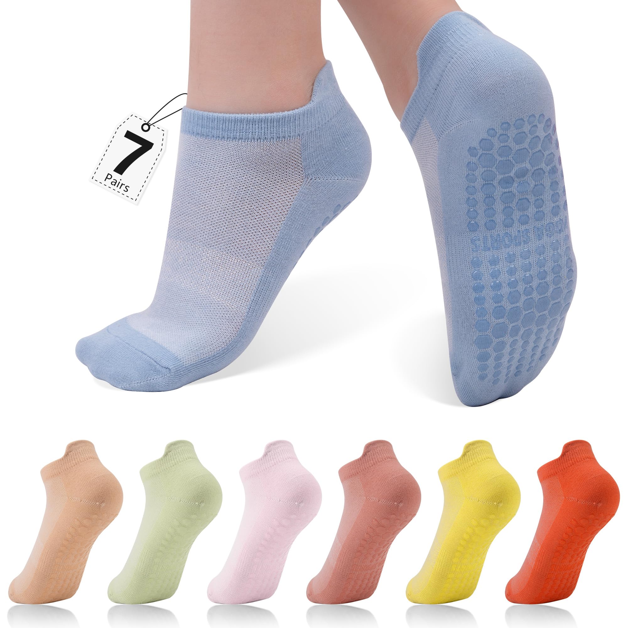 ZenBeya 7 Pairs Pilates Socks with Grips for Women, Ankle Yoga Socks Non Slip, Colorful Grippy Socks for Barre Ballet Gym Hospital, 2