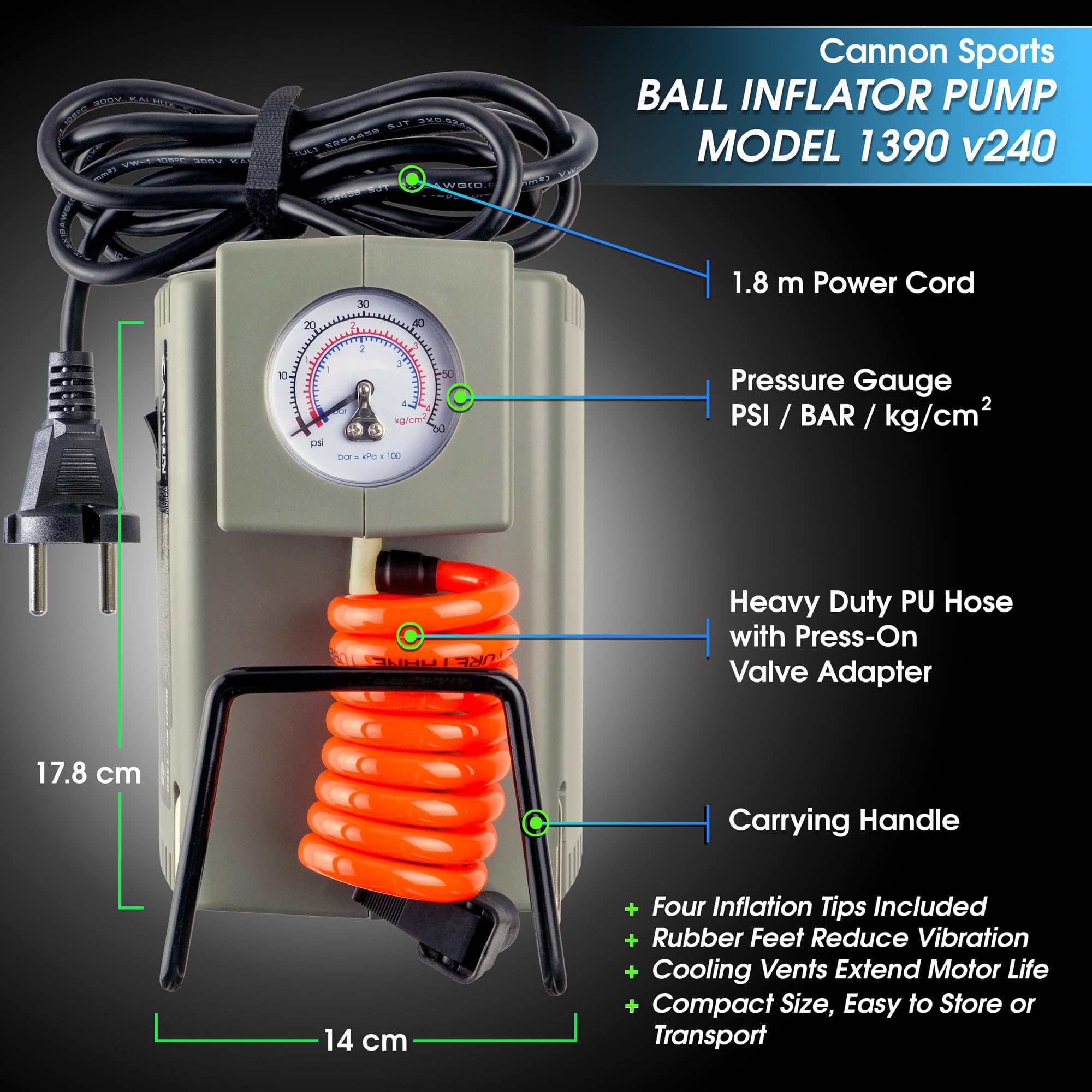 Cannon Sports Pompa elettrica di gonfiaggio a sfera da 240 V con manometro, potente compressore senza olio da 1/8 HP, gonfia palloni, pneumatici, galleggianti per piscina, materassi ad aria e altro