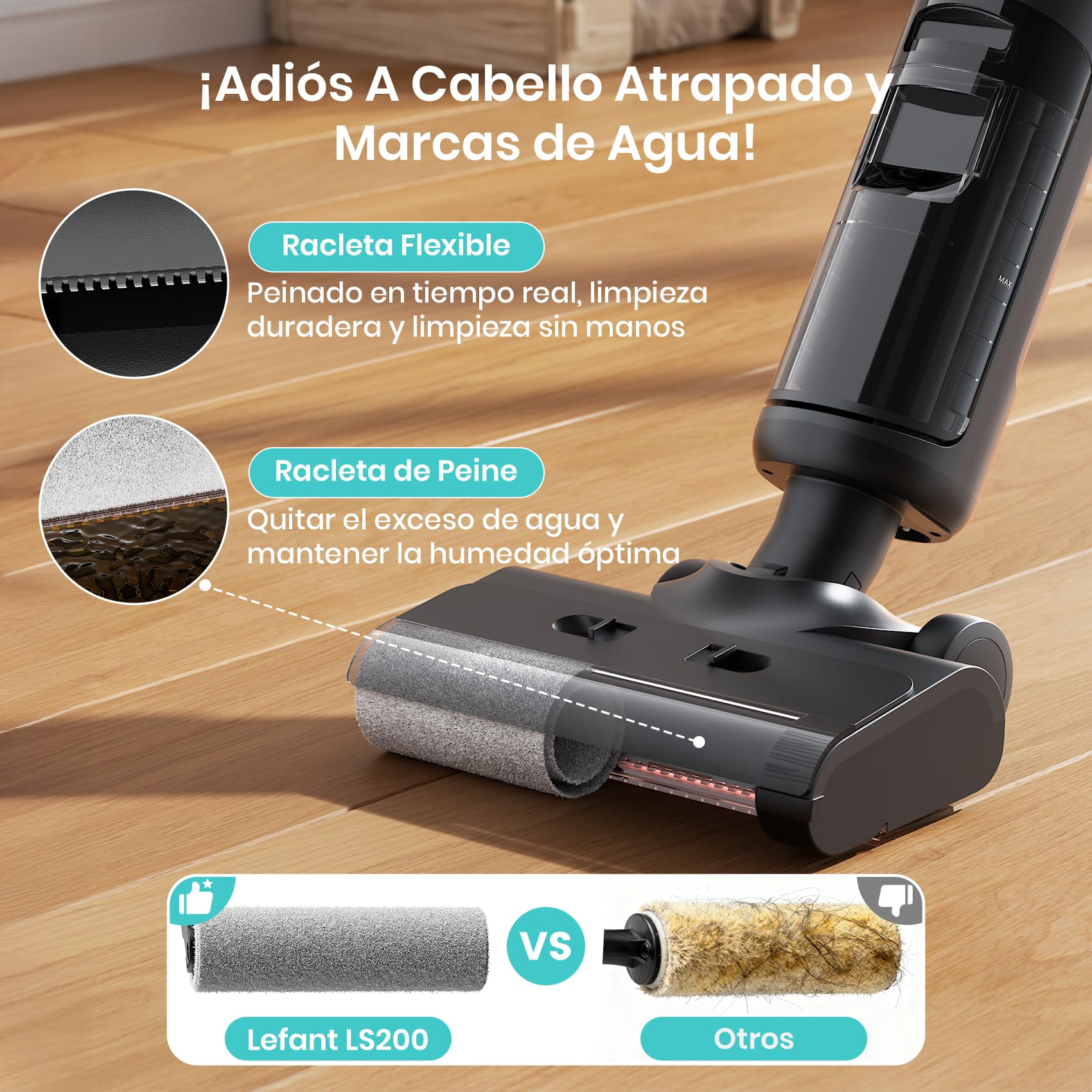 LEFANT LS200 Aspiradora Sin Cable,Aspiradora Vertical en Seco Húmedo con Batería,13 000 Pa, 216㎡, Depósito de Agua de 700 ml, 3 en 1 Barre Aspira Friega, 30 Min de Autonomía, Autolavado
