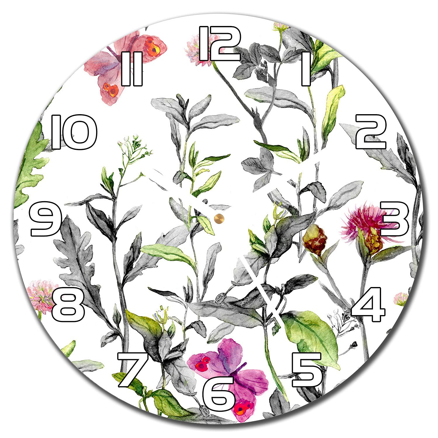 Horloge murale cuisine en verre motif fleurs et papillons champêtres