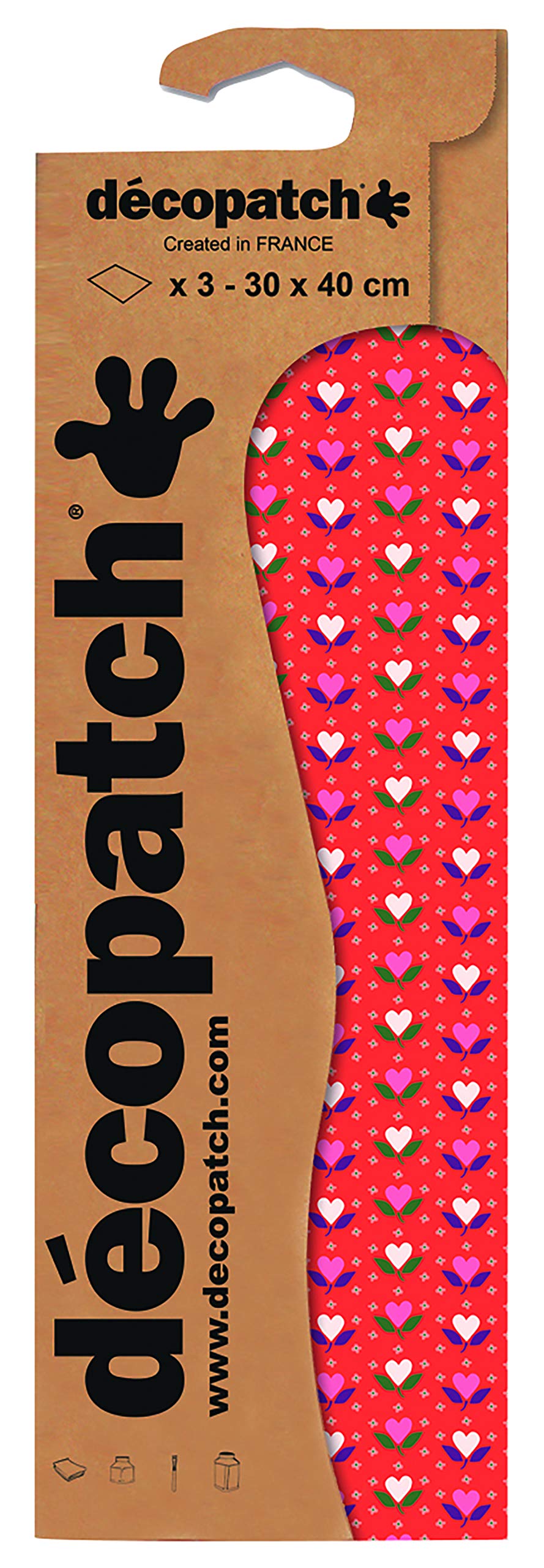 Décopatch C814C - A pouch of 3 sheets of printed paper 30x40 cm, Flowers hearts - Customisable Décor - Completely Personalise - Creative + Leisure Activity