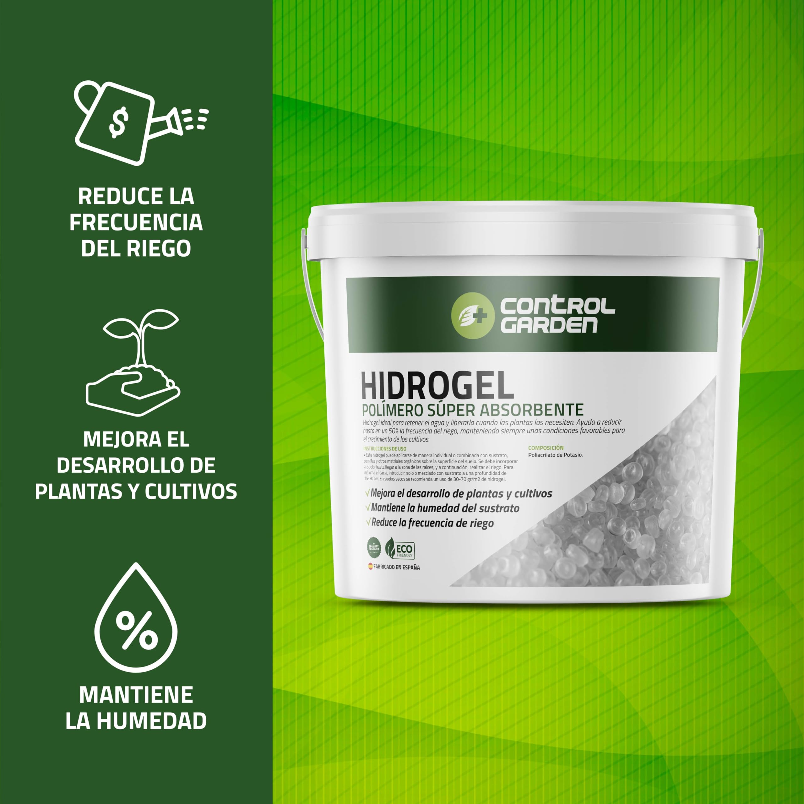 GROWMANIA.ES Control Garden Hidrogel Retenedor de Agua para Plantas y Cultivos 5 KG | Agua Sólida para Riego de Interior y Exterior | Polímero Súper Absorbente Retenedor de Lluvia hasta 1500 L