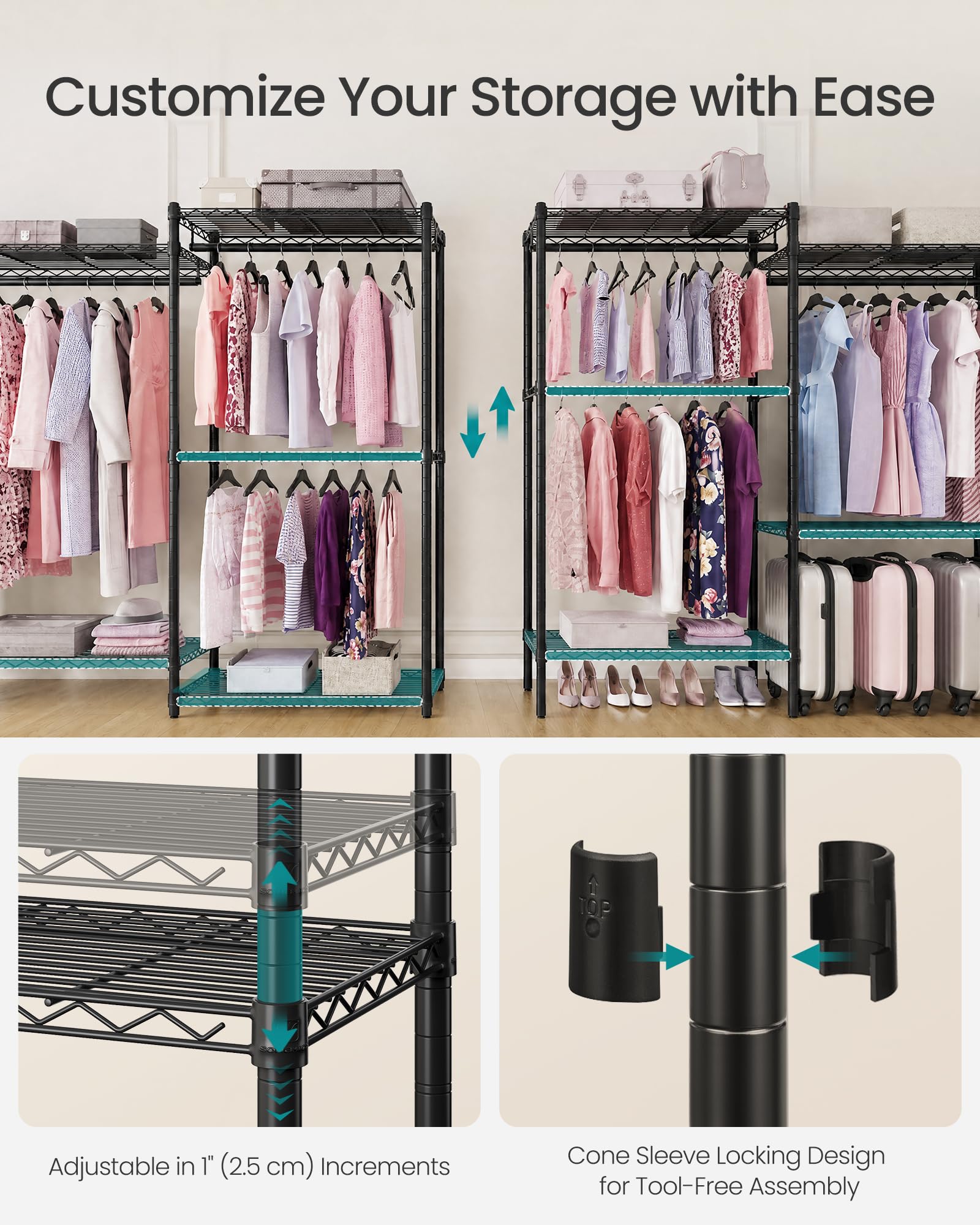 SONGMICS Garment, Heavy-Duty Clothes, Portable Closet Rack Largo 214 cm con Ripiani in Rete Regolabili e aste Appendiabiti, ULGR434B01, Acciaio Legato, Inchiostro Nero, 86.4"L x 15.8" W x 76" H